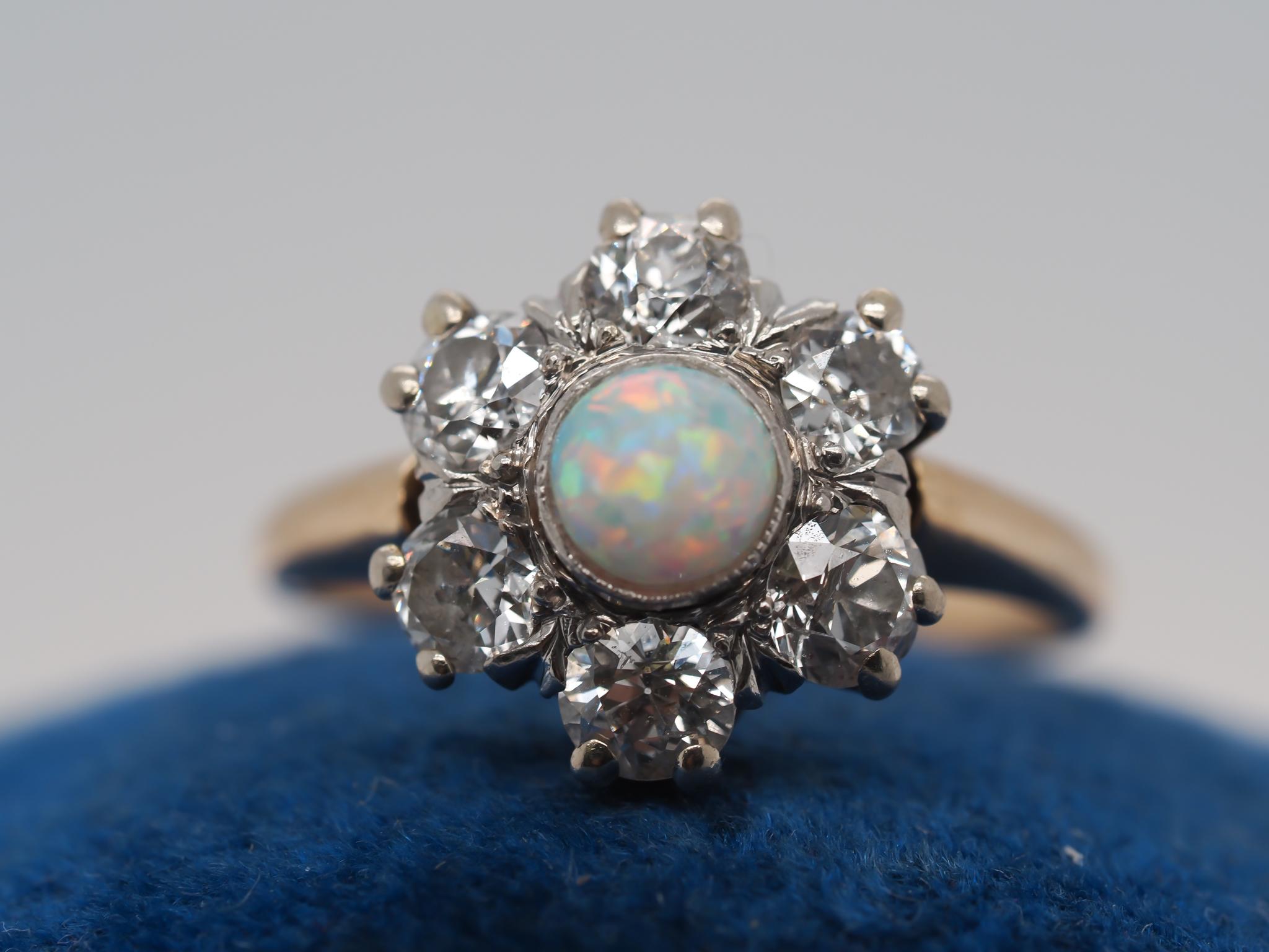 14K Yellow Gold and Platinum Edwardian Opal and Old Mine Diamond Halo Ring For Sale 4