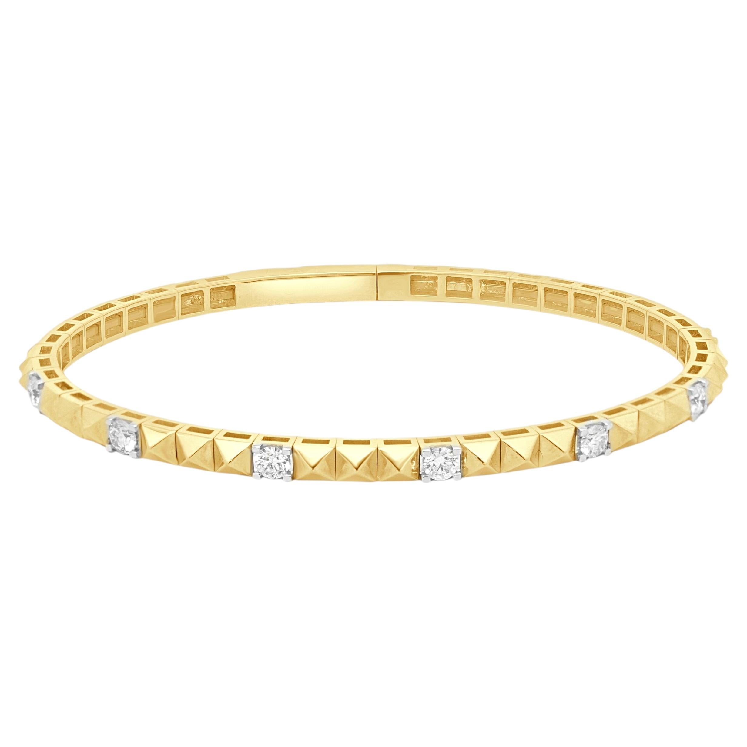 14K Yellow Gold and Prong Set Round Diamond Pyramid Flex Bangle Bracelet 6.25"