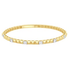 14K Yellow Gold and Prong Set Round Diamond Pyramid Flex Bangle Bracelet 6.25"