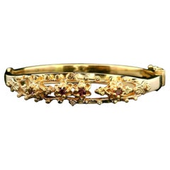 14k Yellow Gold and Ruby 12g Vintage Floral Bangle Bracelet 6.25"