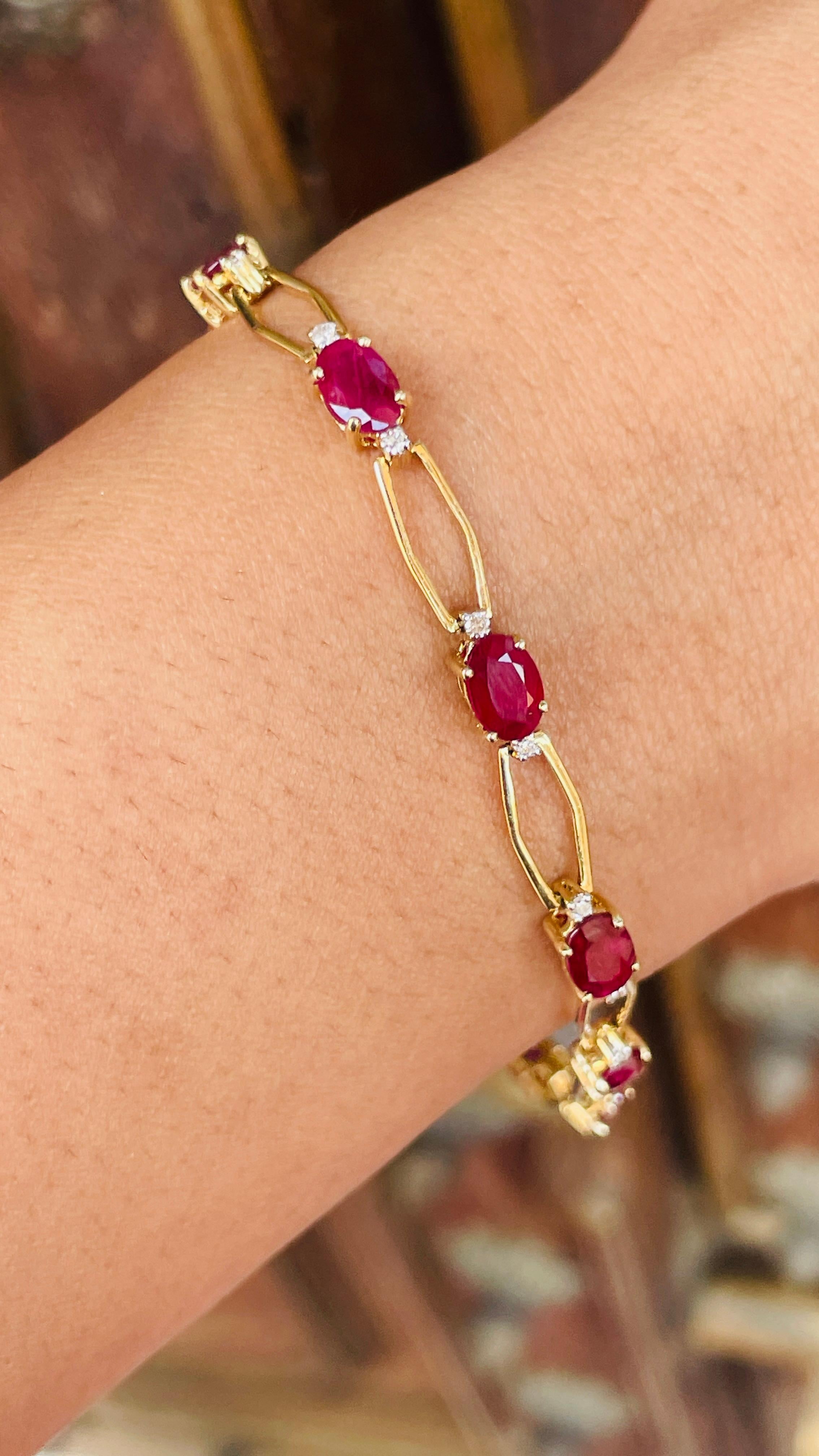 This Ruby Diamond Tennis Bracelet in 14K gold showcases 11 endlessly sparkling natural ruby, weighing 5.85 carat and 22 pieces of diamonds weighing 0.26 carat. It measures 7.5 inches long in length. 
Ruby improves mental strength. 
Designed with
