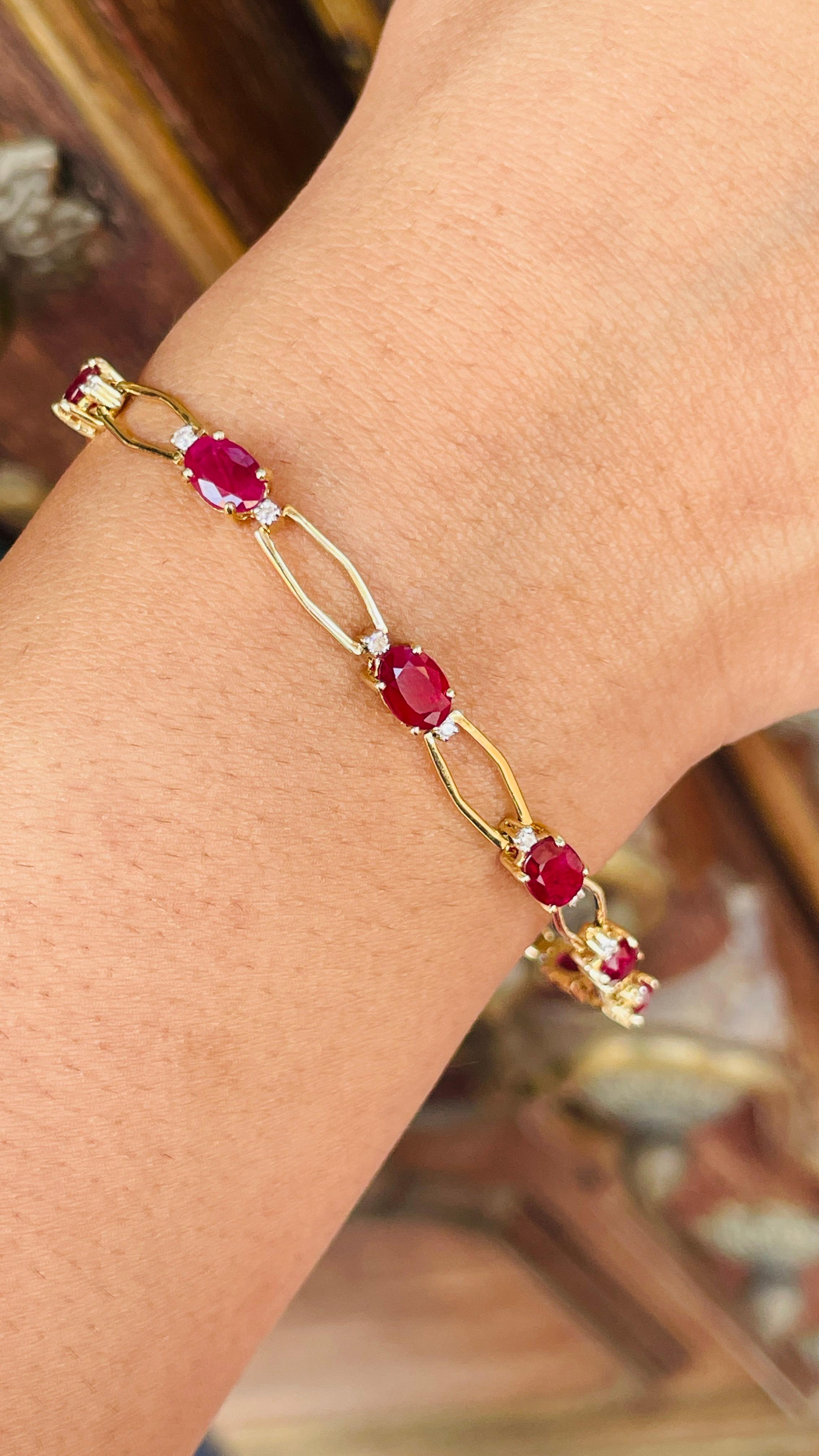 Unique Deep Red Ruby Tennis Bracelet with Diamonds in 14kt Solid Yellow Gold  In New Condition For Sale In Houston, TX