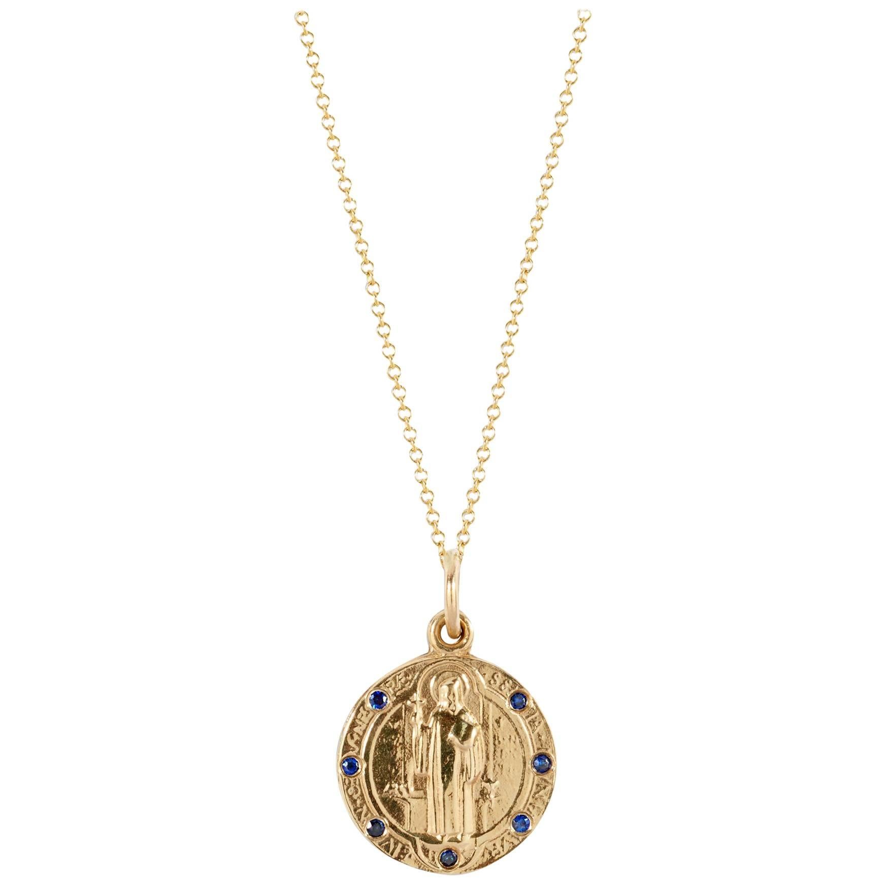 14k Yellow Gold and Sapphire Saint Benedict Medallion Pendant Cast from Antique For Sale
