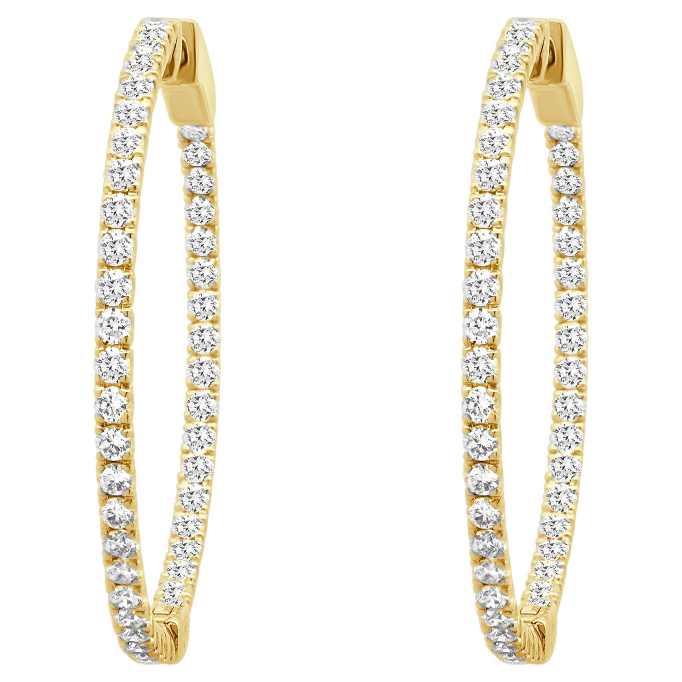14K Yellow Gold and Shared Prong Set Round Diamond Inside Outside Hoop Earrings For Sale