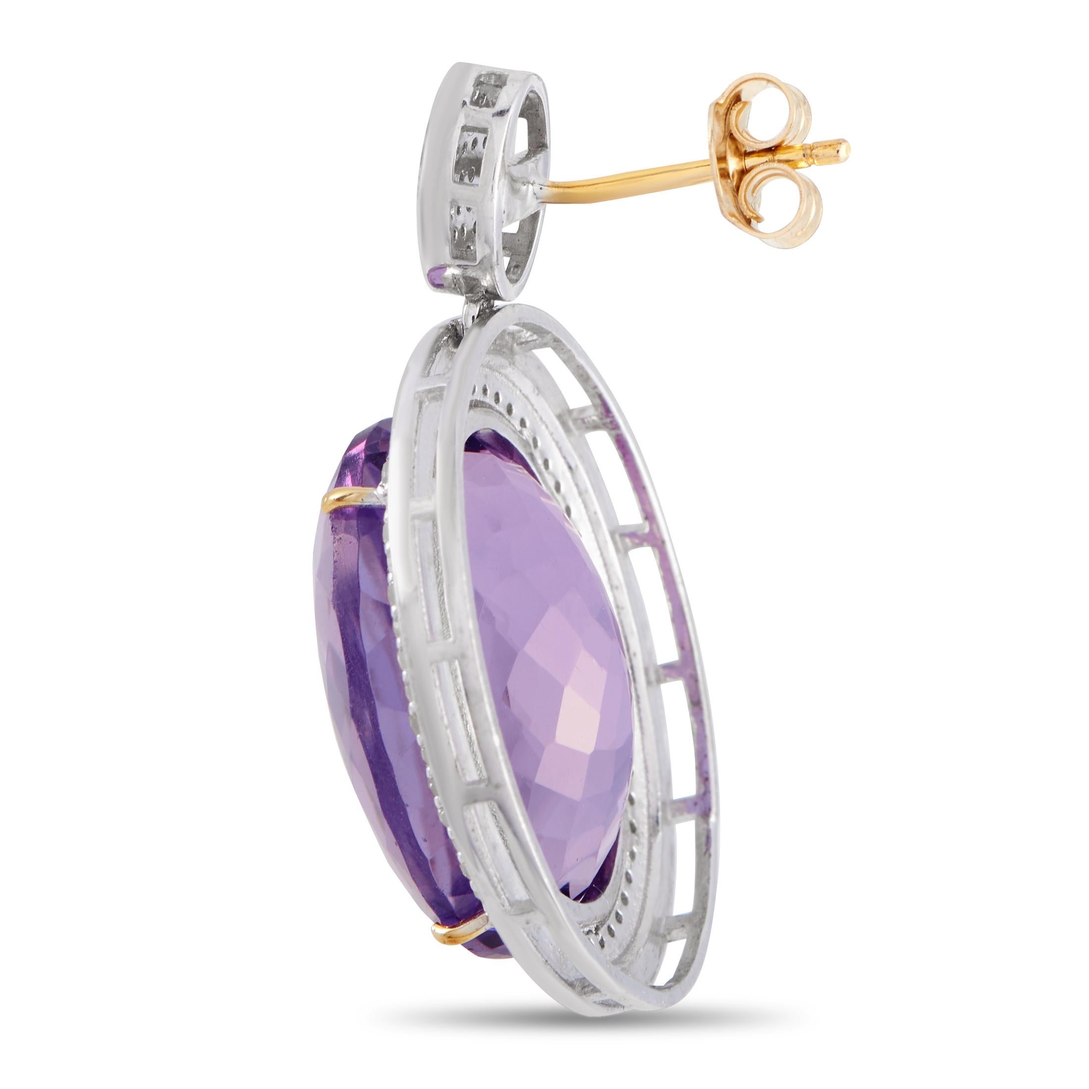 These impeccably crafted earrings are designed to make a subtle statement. Diamonds totaling 1.0 carats sparkle into the silver and 14K yellow gold setting, while large 35 carats of Amethyst provide the perfect finishing touch. Each one measures