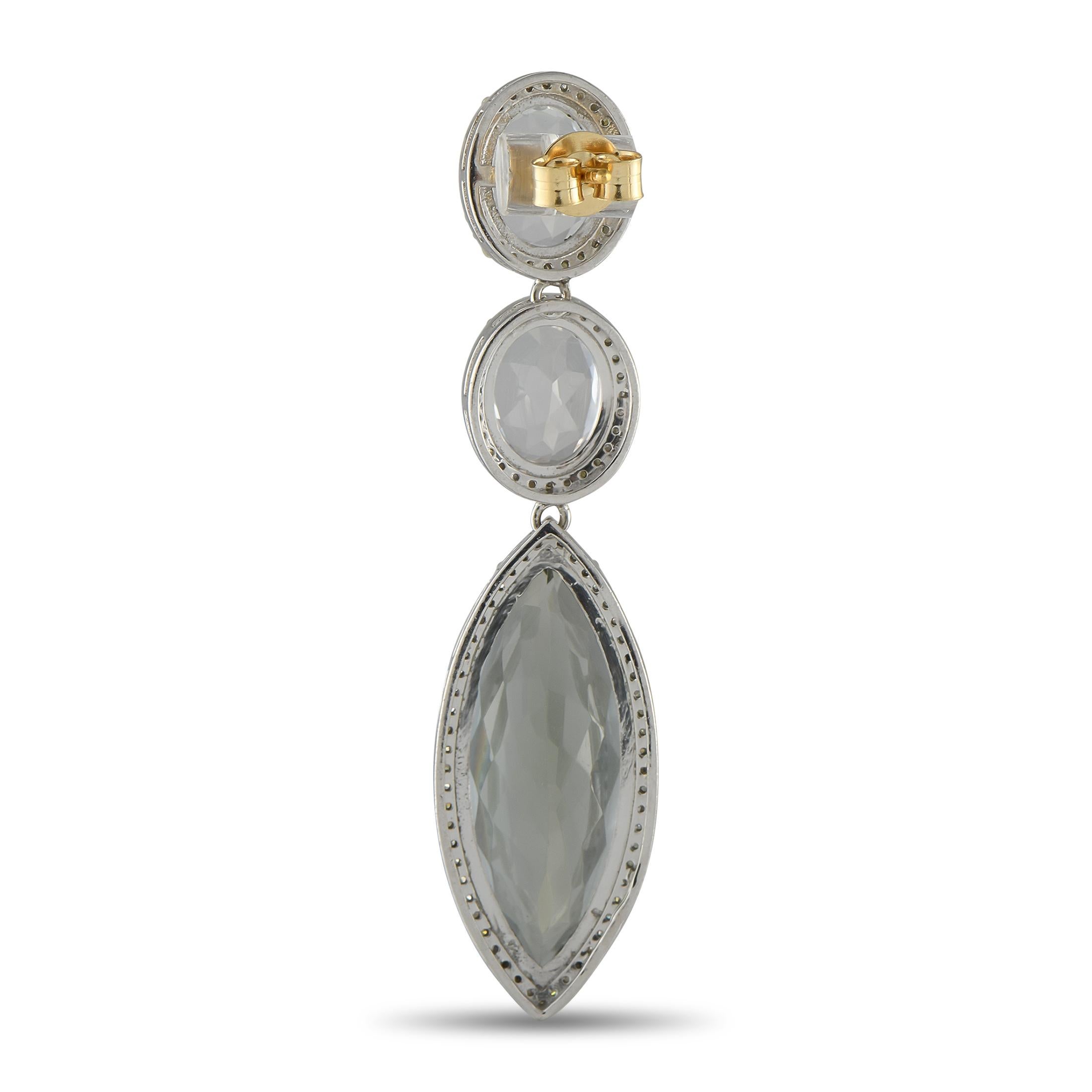 These luxury earrings will add a bold pop of color to any outfit or occasion. Translucent Amethyst gemstones add texture and dimension to the overall design, while Prasiolite gemstones totaling 28.82 carats provide a stylish pop of color. Diamond