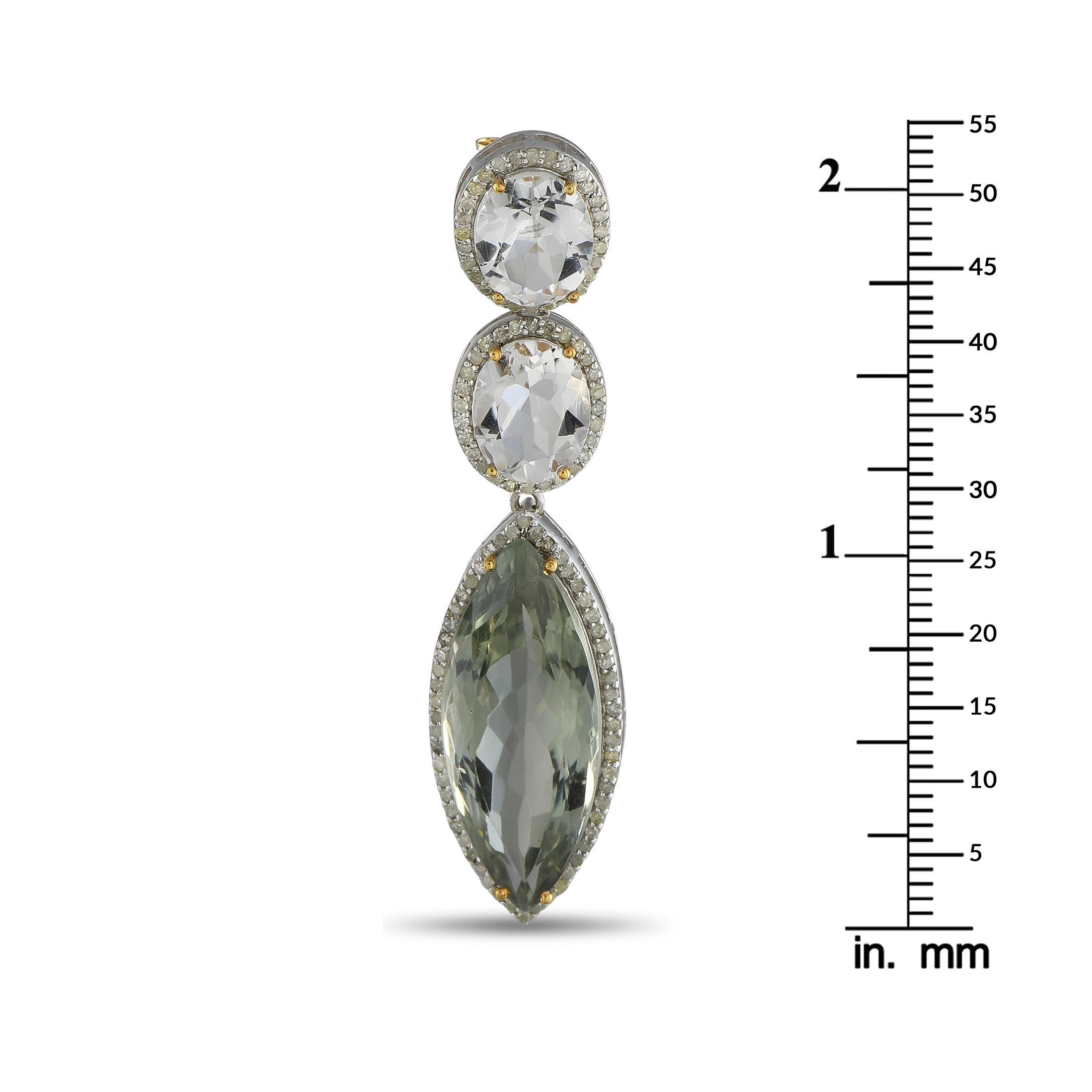 Round Cut 14K Yellow Gold and Silver 1.29ct Diamond Amethyst and Prasiolite Earrings For Sale