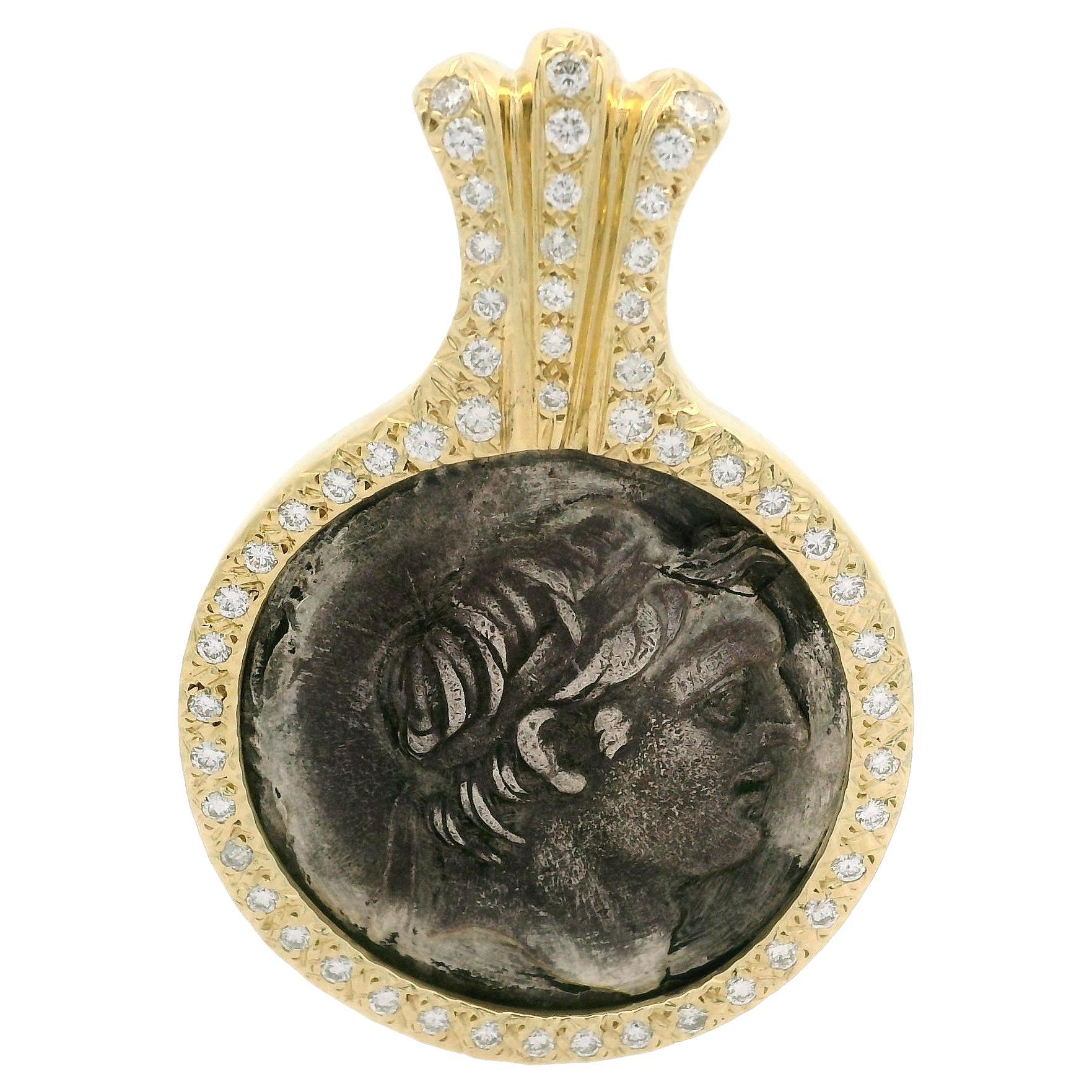 14k Yellow Gold and Silver Ancient Coin w/ 0.60ctw Diamond Framed Pendant