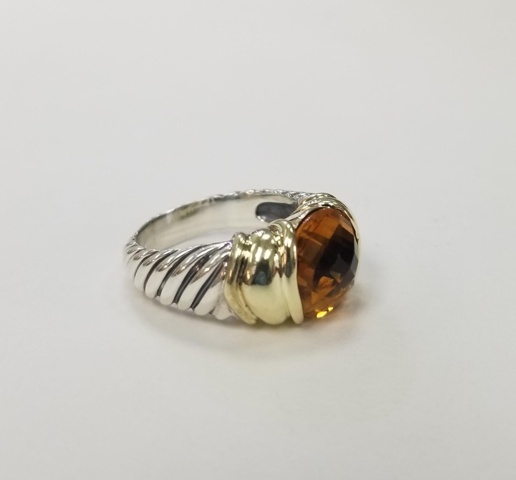 Round Cut 14k Yellow Gold And Silver Checker Board Citrine Ring For Sale