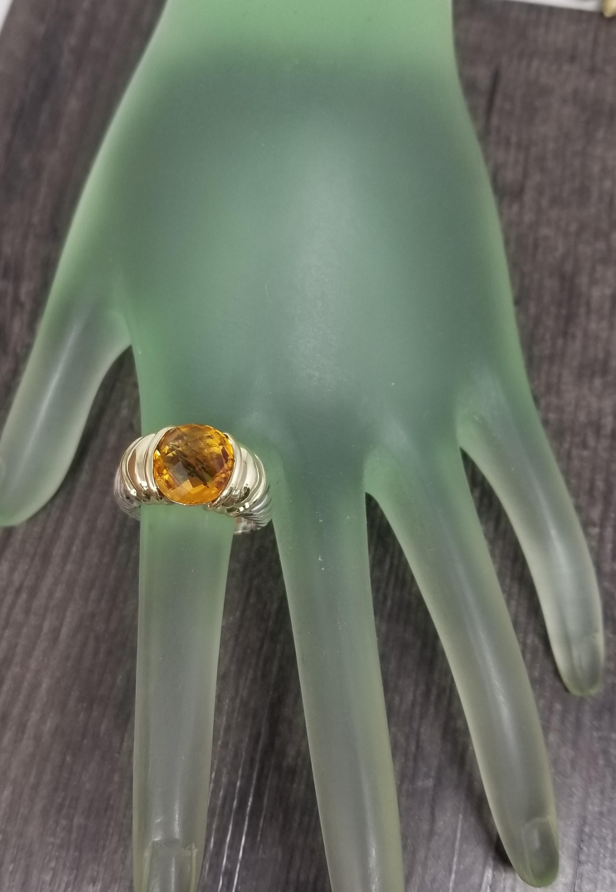 14k Yellow Gold And Silver Checker Board Citrine Ring In Excellent Condition For Sale In Los Angeles, CA
