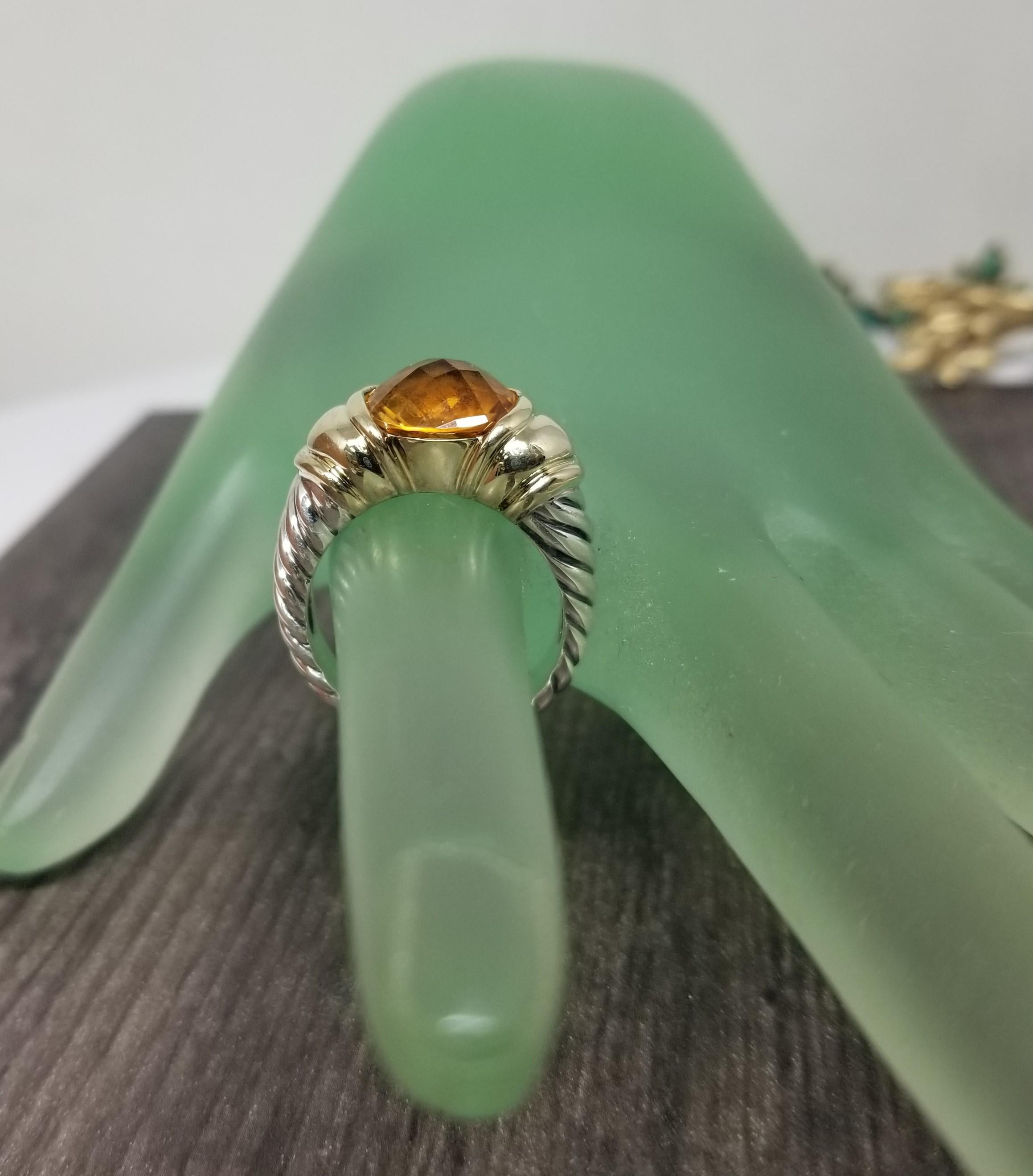 Women's or Men's 14k Yellow Gold And Silver Checker Board Citrine Ring For Sale