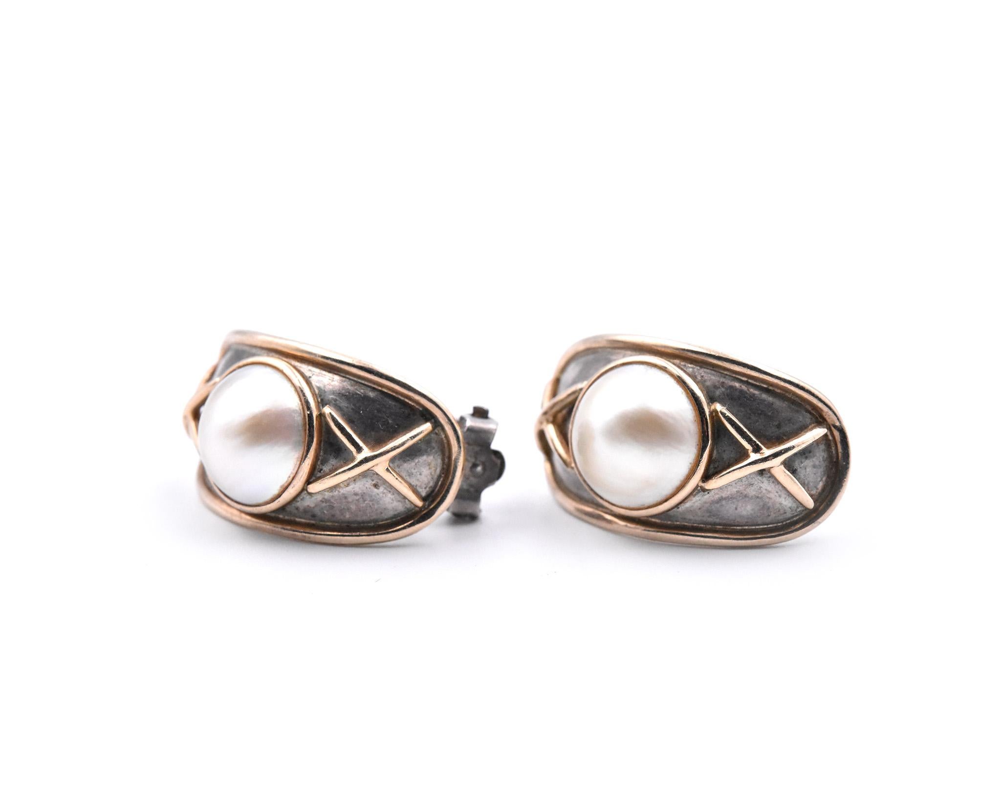 Designer: custom design
Material: sterling silver and 14k yellow gold
Pearls: mabe pearls
Fastening: clip on with post
Dimensions: Earrings measure 15.95mm x 29mm
Weight: 13.10 grams
