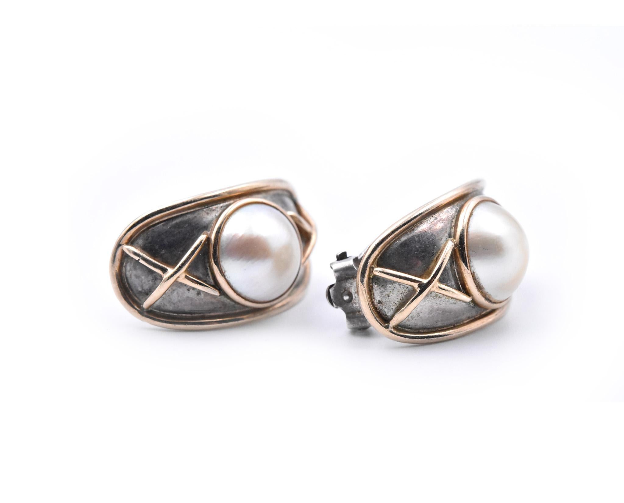 14 Karat Yellow Gold and Sterling Silver Mabe Pearl Earrings In Excellent Condition In Scottsdale, AZ