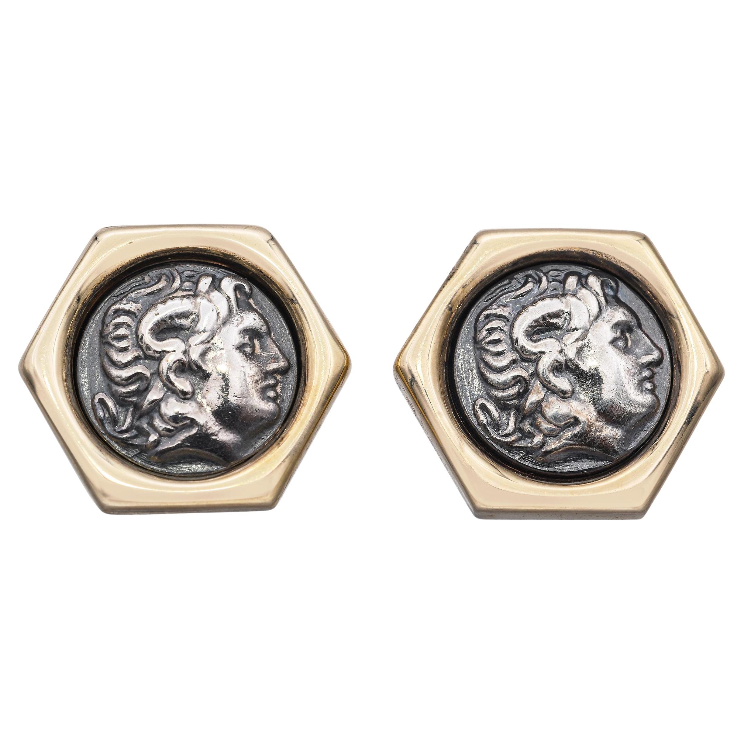 Pendientes Estilo Moneda Romana de Oro Amarillo de 14k y Plata de Ley