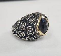 14k Yellow Gold and Sterling Silver Smokey Quartz and Diamond Antiqued Ring