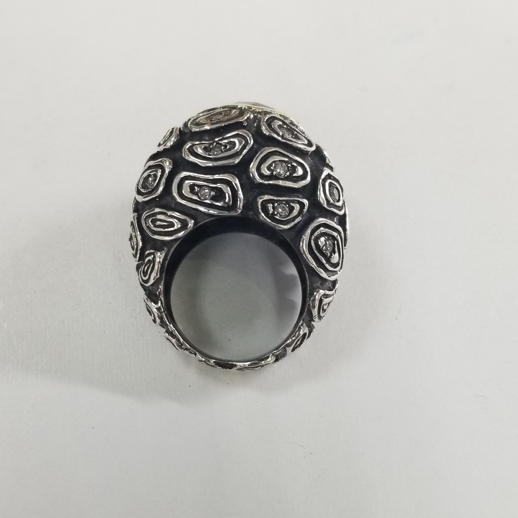 14k Yellow Gold and Sterling Silver Smokey Quartz and Diamond Antiqued Ring In New Condition For Sale In Los Angeles, CA