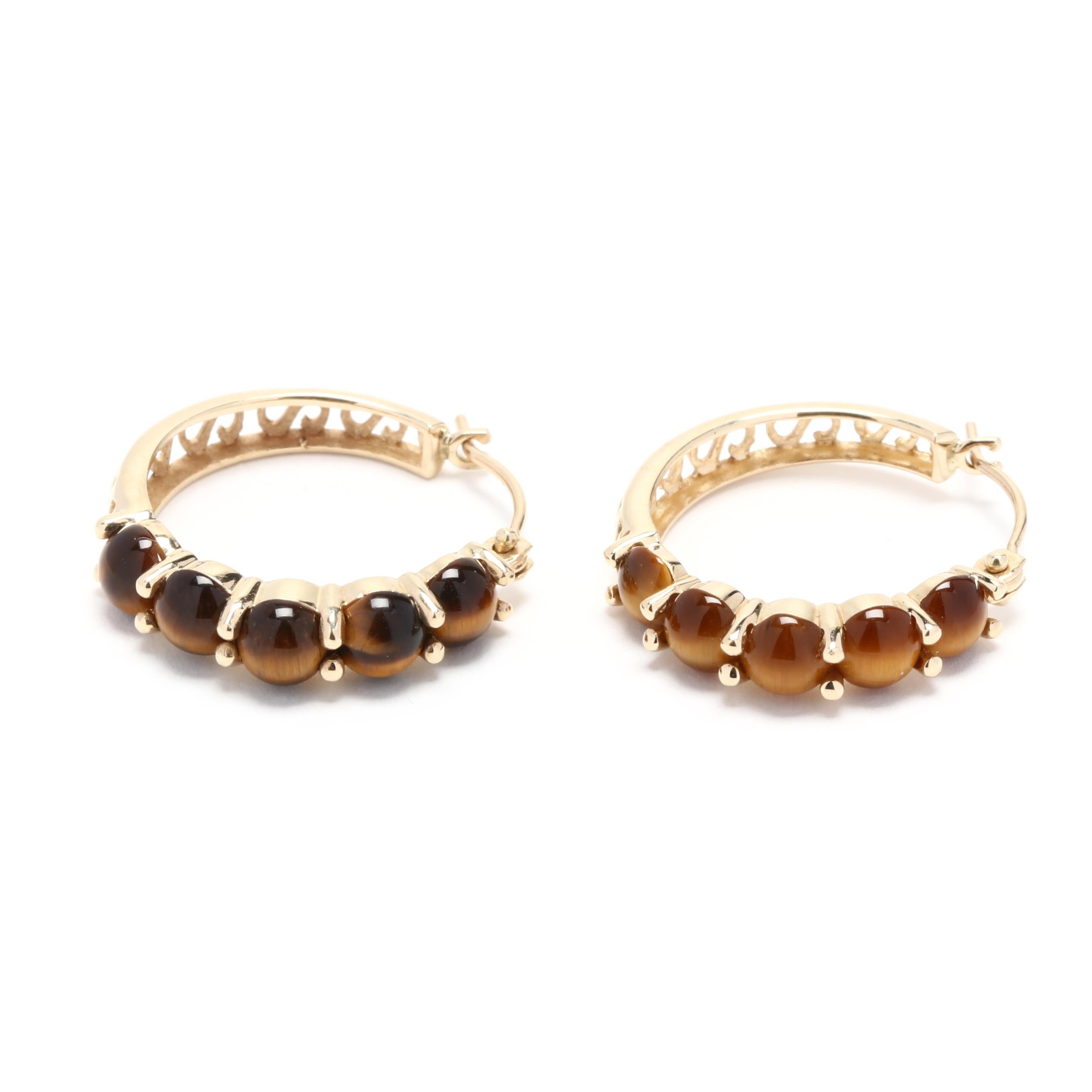 Round Cut 14K Yellow Gold and Tiger's Eye Hoop Earrings