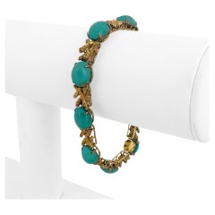 14k Yellow Gold and Turquoise 21.3g Ladies Vintage Link Bracelet 7"