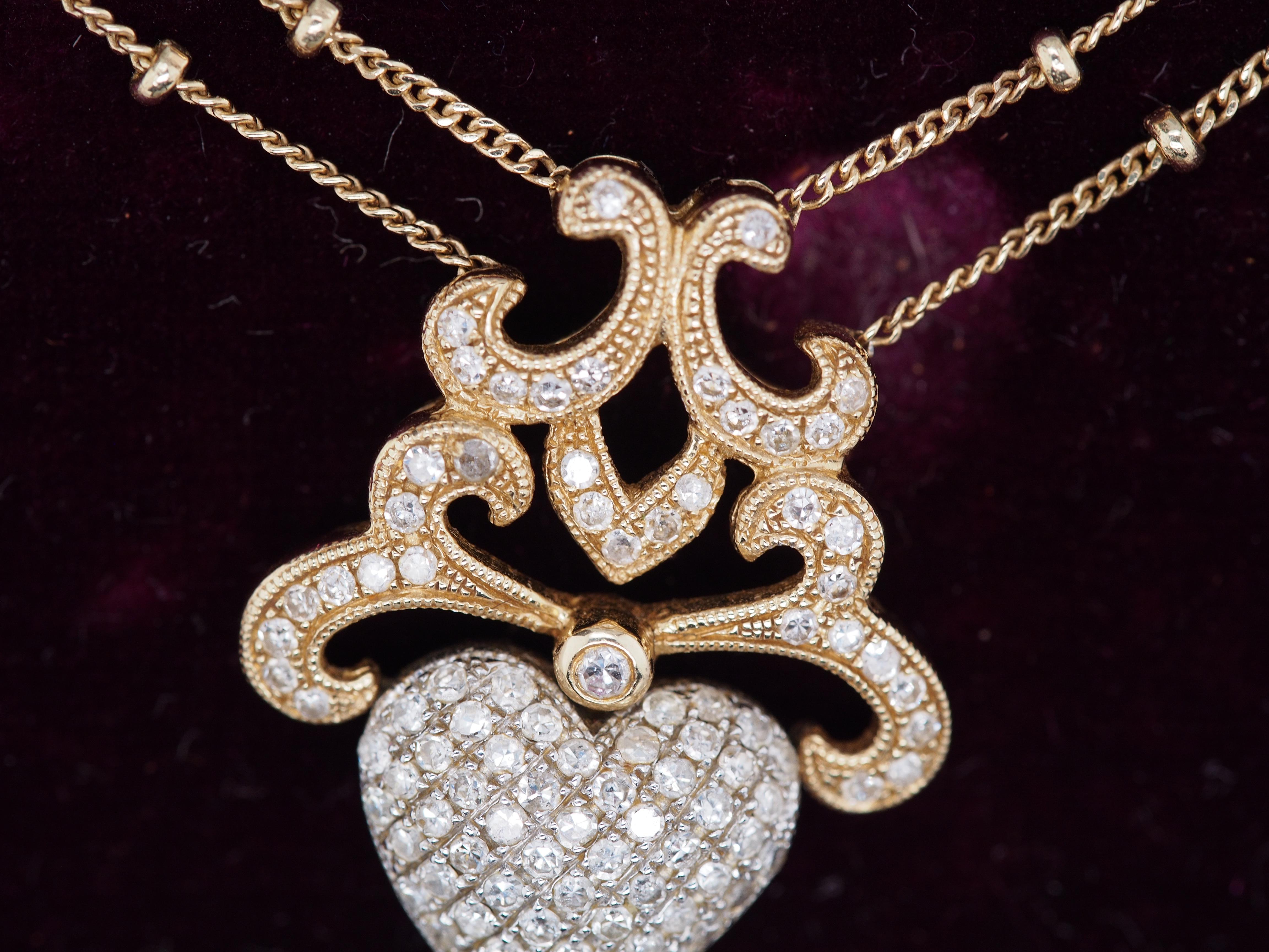 Contemporary 14K Yellow Gold and White Gold Diamond Heart Double Strand Necklace Pendant For Sale