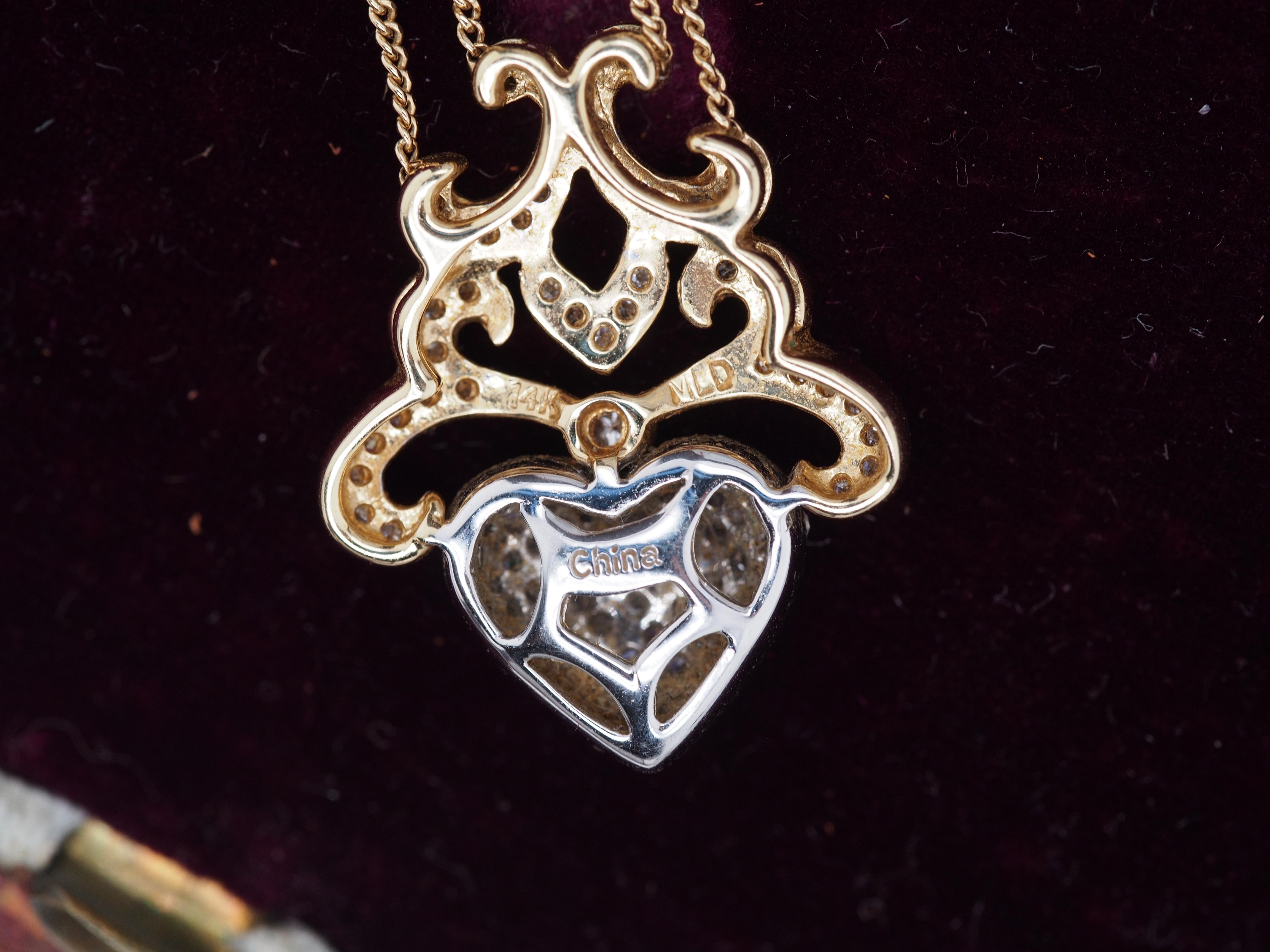 14K Yellow Gold and White Gold Diamond Heart Double Strand Necklace Pendant In Good Condition For Sale In Atlanta, GA