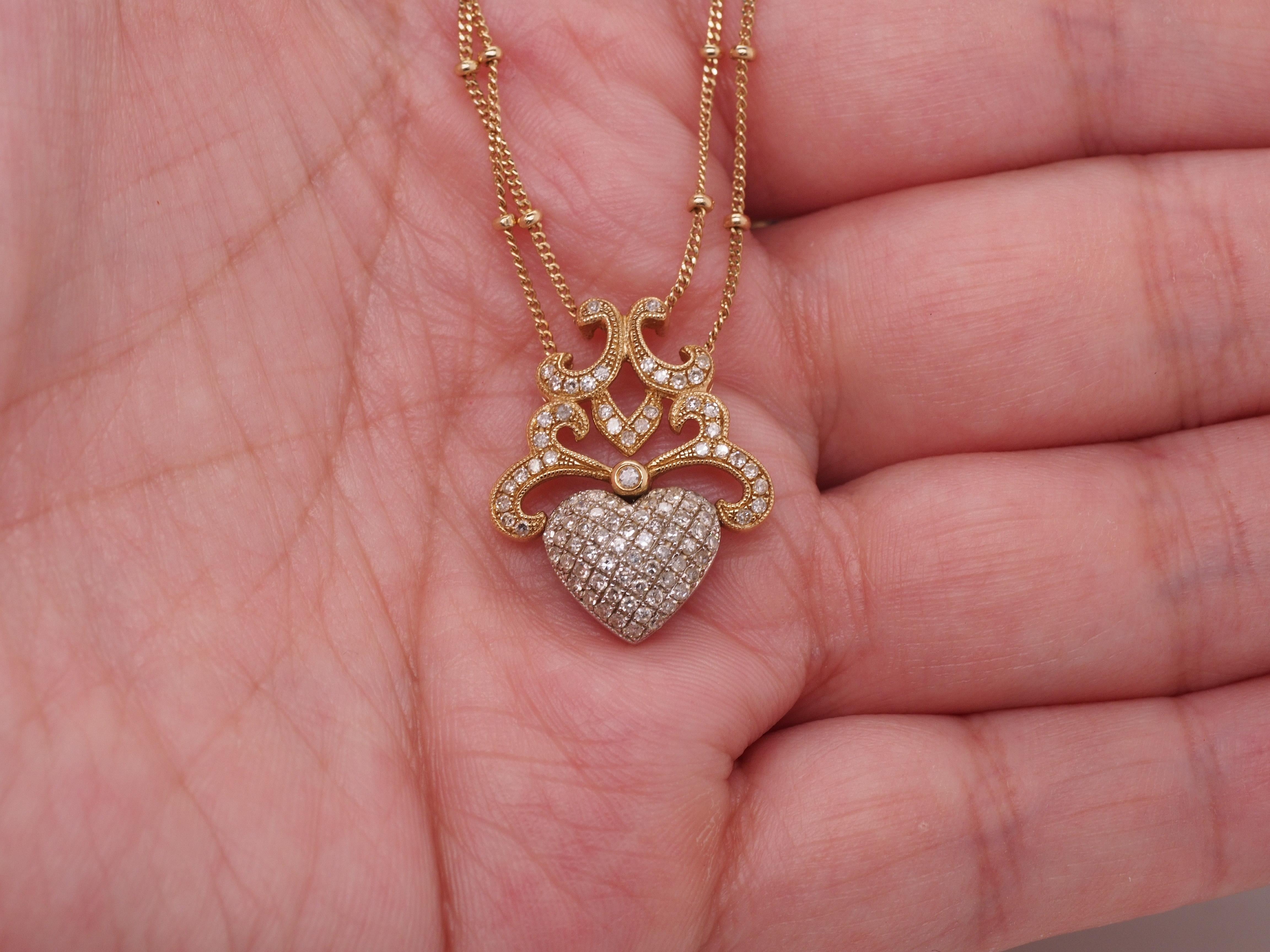 Women's 14K Yellow Gold and White Gold Diamond Heart Double Strand Necklace Pendant For Sale