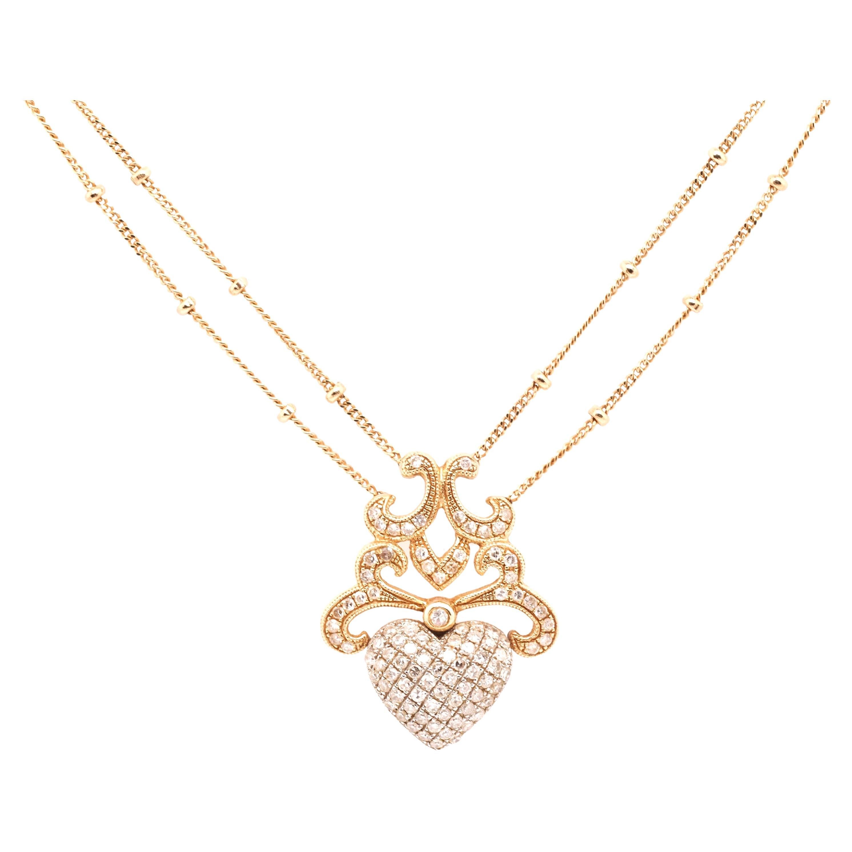 14K Yellow Gold and White Gold Diamond Heart Double Strand Necklace Pendant