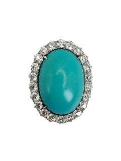 Mid-Century Turquoise and Old Mine Cut Diamond Brooch in 14K Yellow & White Gold