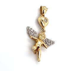 14K Yellow Gold Angel Cherub Pendant Charm with Natural Diamonds Estate