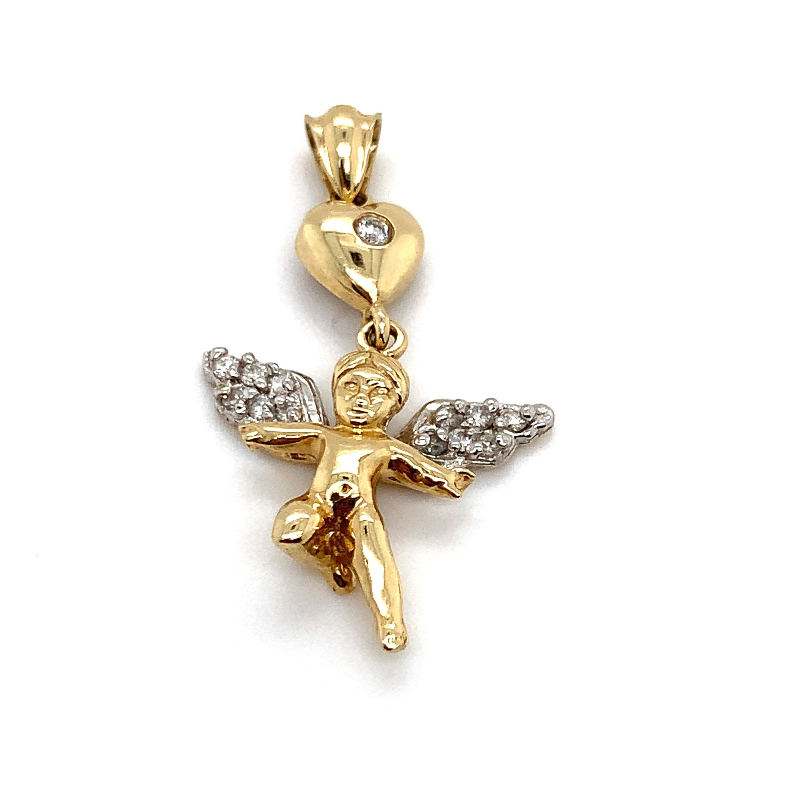 Contemporary 14K Yellow Gold Angel Cherub Pendant Charm with Natural Diamonds Estate For Sale