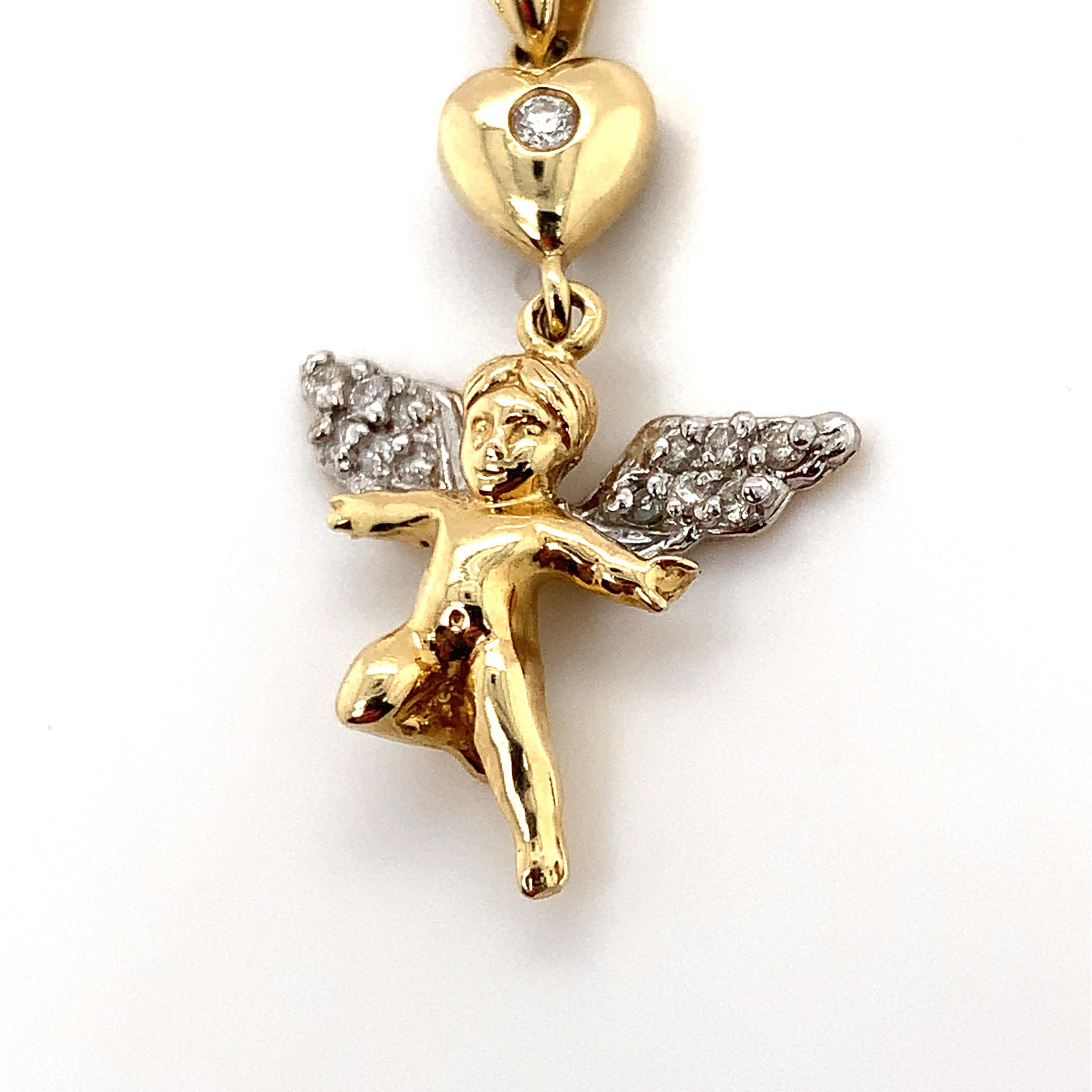 Round Cut 14K Yellow Gold Angel Cherub Pendant Charm with Natural Diamonds Estate For Sale