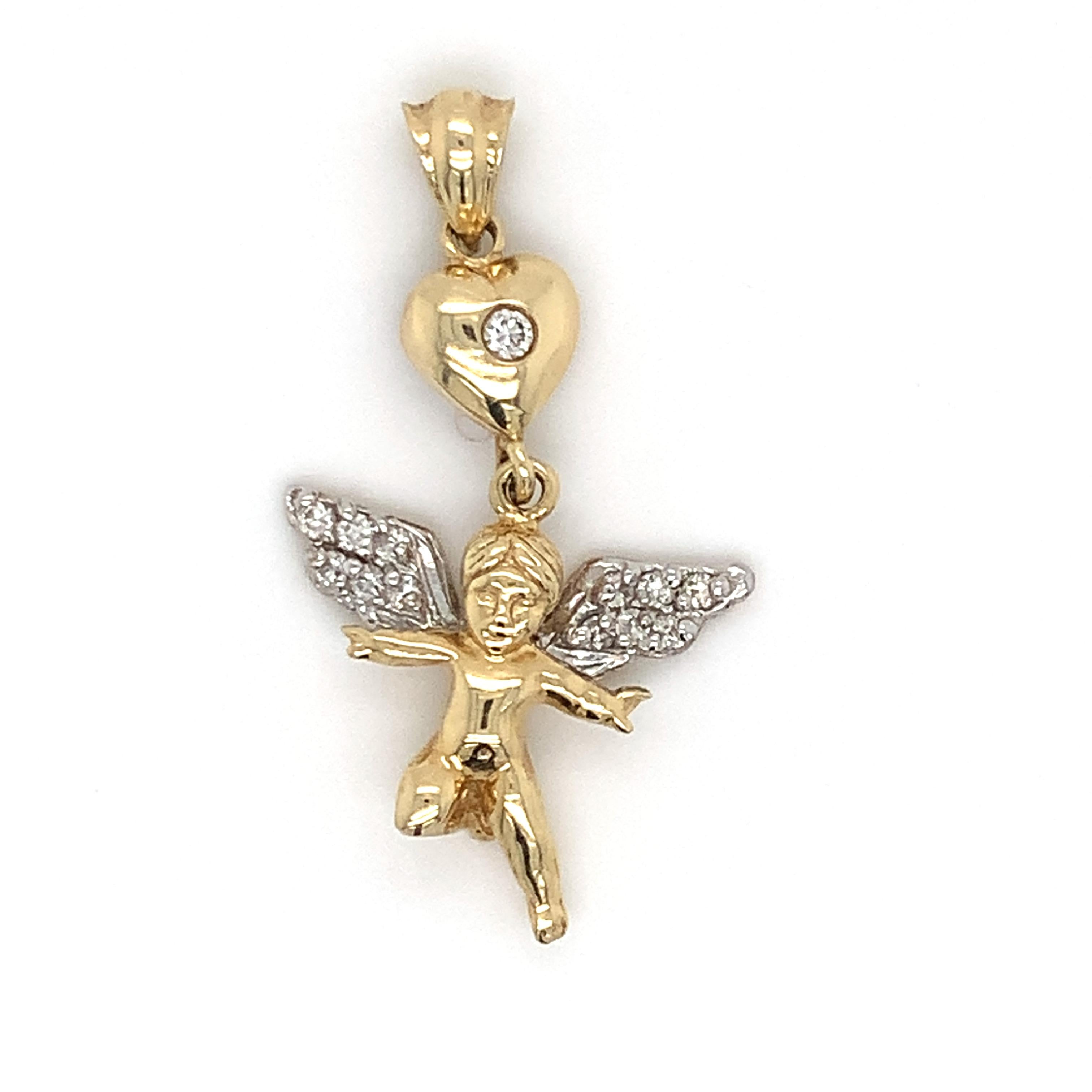 14K Yellow Gold Angel Cherub Pendant Charm with Natural Diamonds Estate For Sale 1