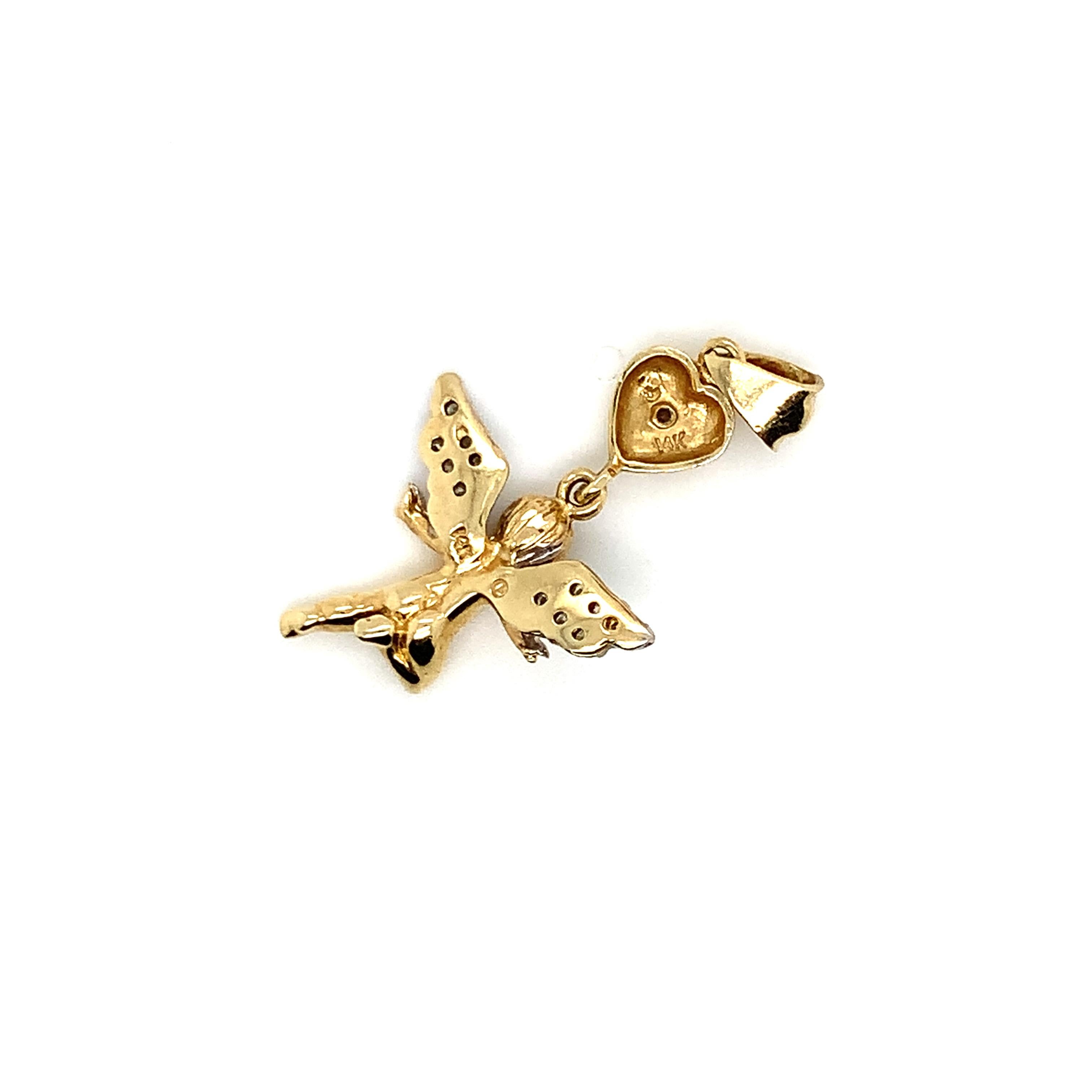14K Yellow Gold Angel Cherub Pendant Charm with Natural Diamonds Estate For Sale 2
