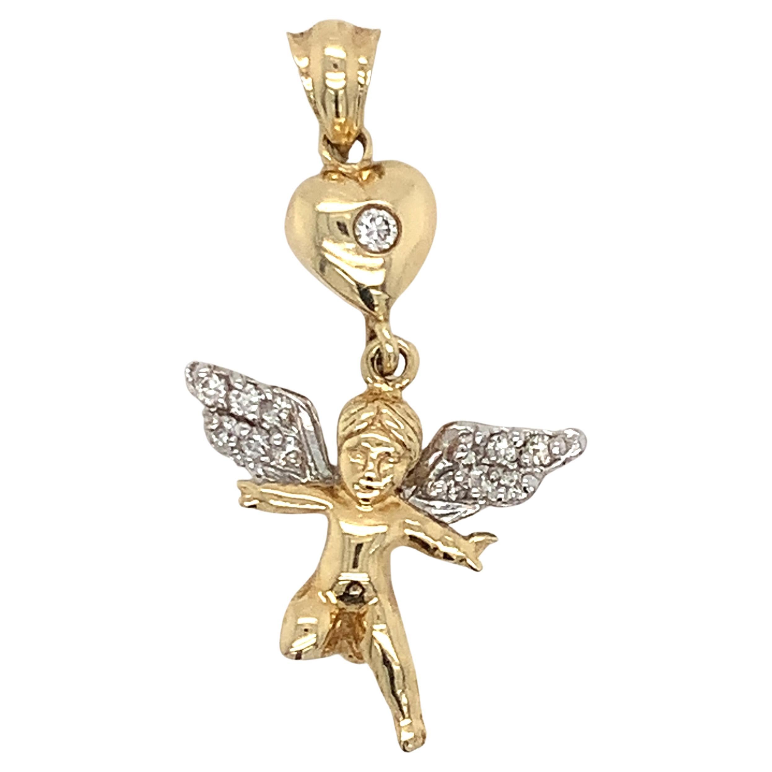 14K Yellow Gold Angel Cherub Pendant Charm with Natural Diamonds Estate