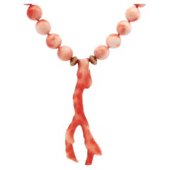 14k Yellow Gold Angel Skin Coral Bead Necklace w/ Branch Pendant Necklace