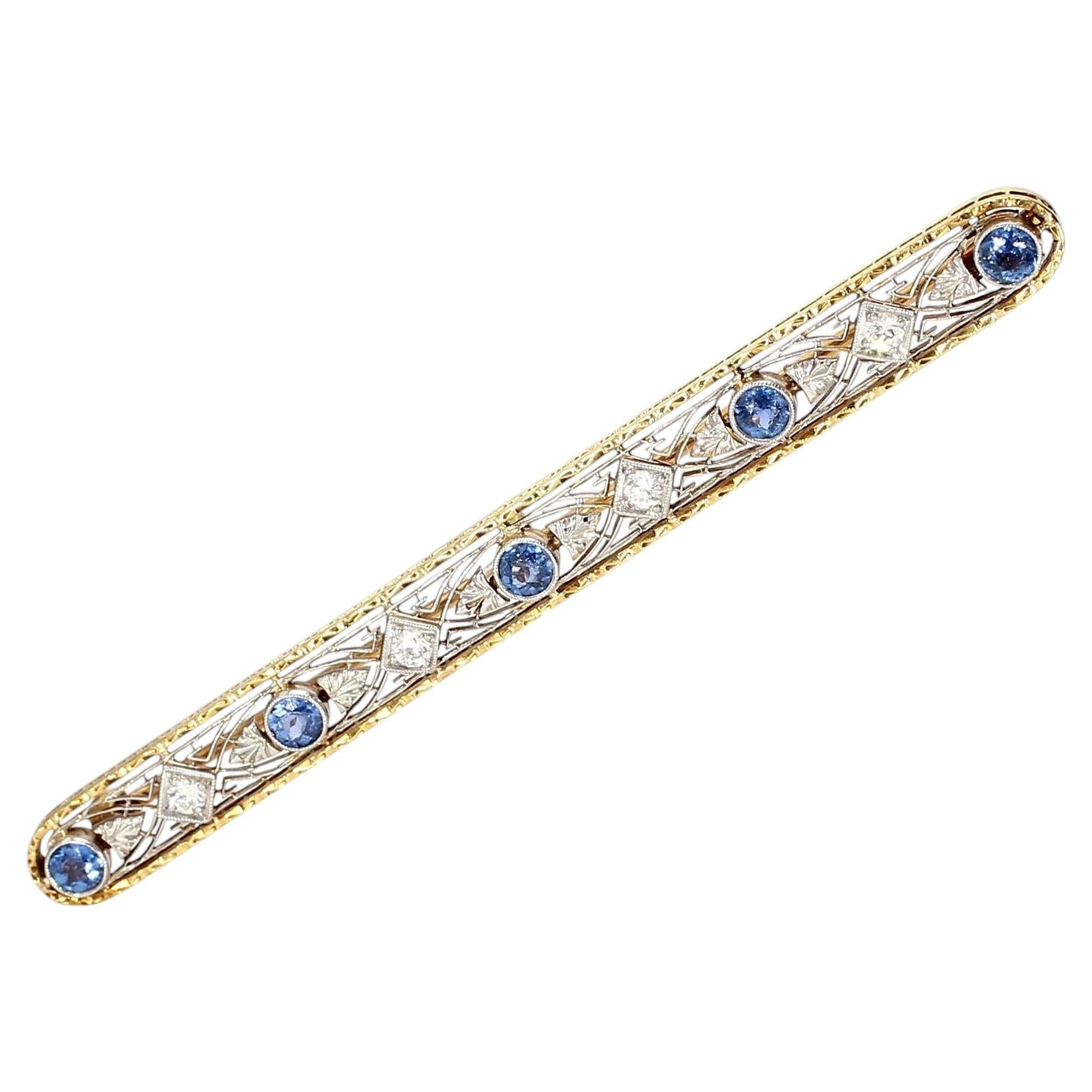14k Yellow Gold Antique Brooch with Diamonds & Sapphires