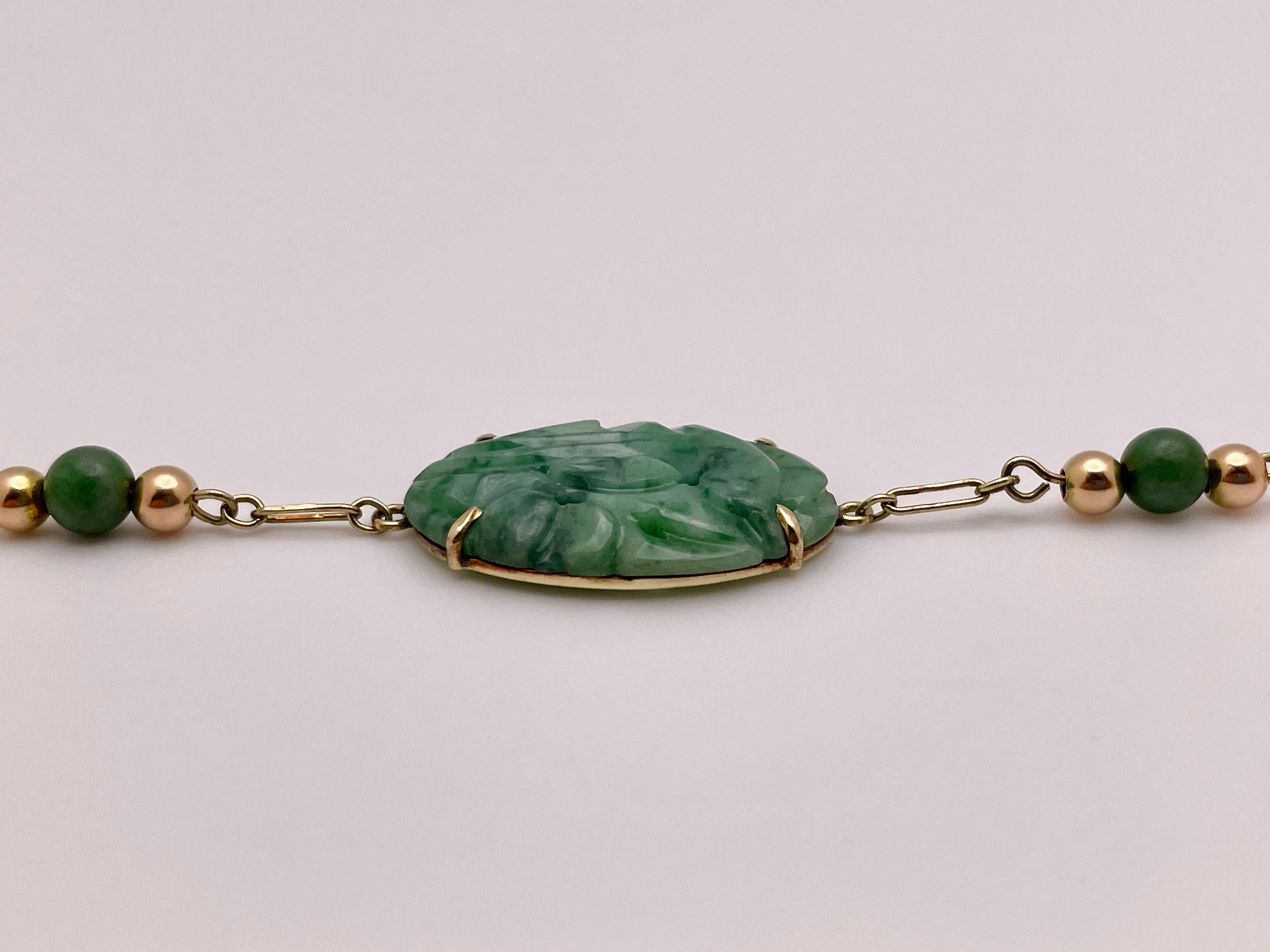 Certified Victorian 14K Yellow Gold Carved Jade Bracelet For Sale 5