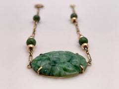 Certified Victorian 14K Yellow Gold Carved Jade Bracelet