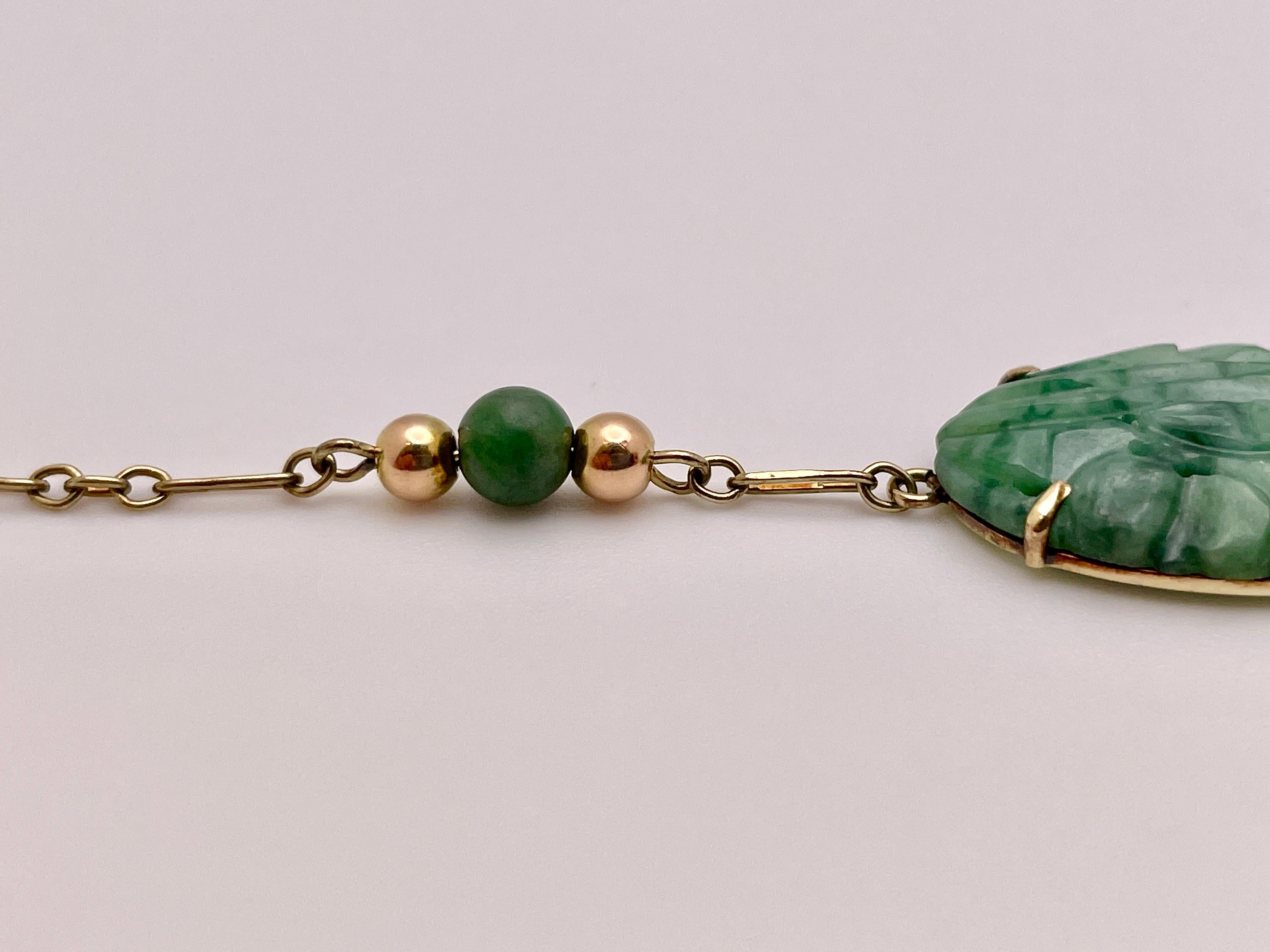 Cabochon Certified Victorian 14K Yellow Gold Carved Jade Bracelet  For Sale