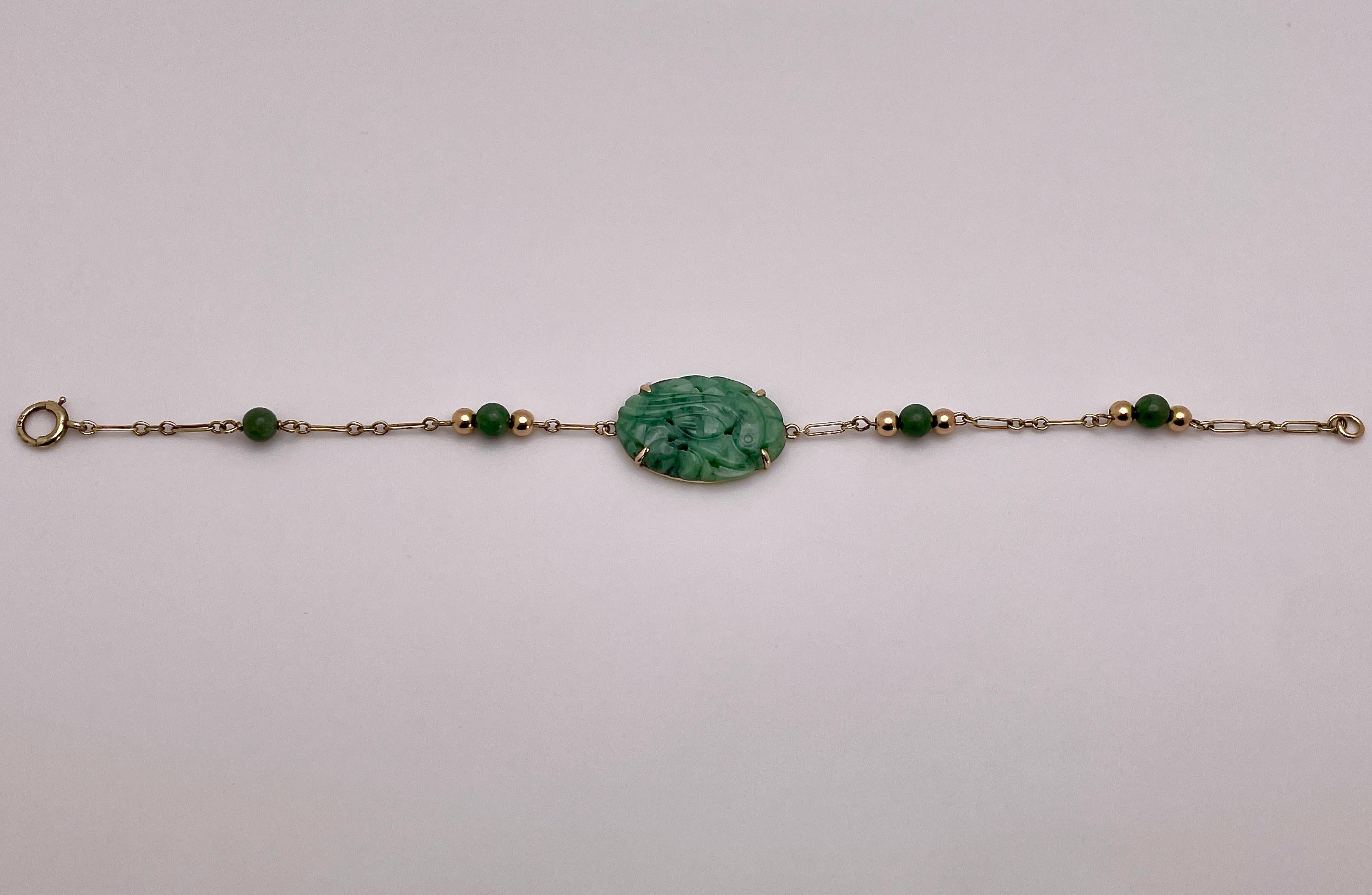 Certified Victorian 14K Yellow Gold Carved Jade Bracelet For Sale 3