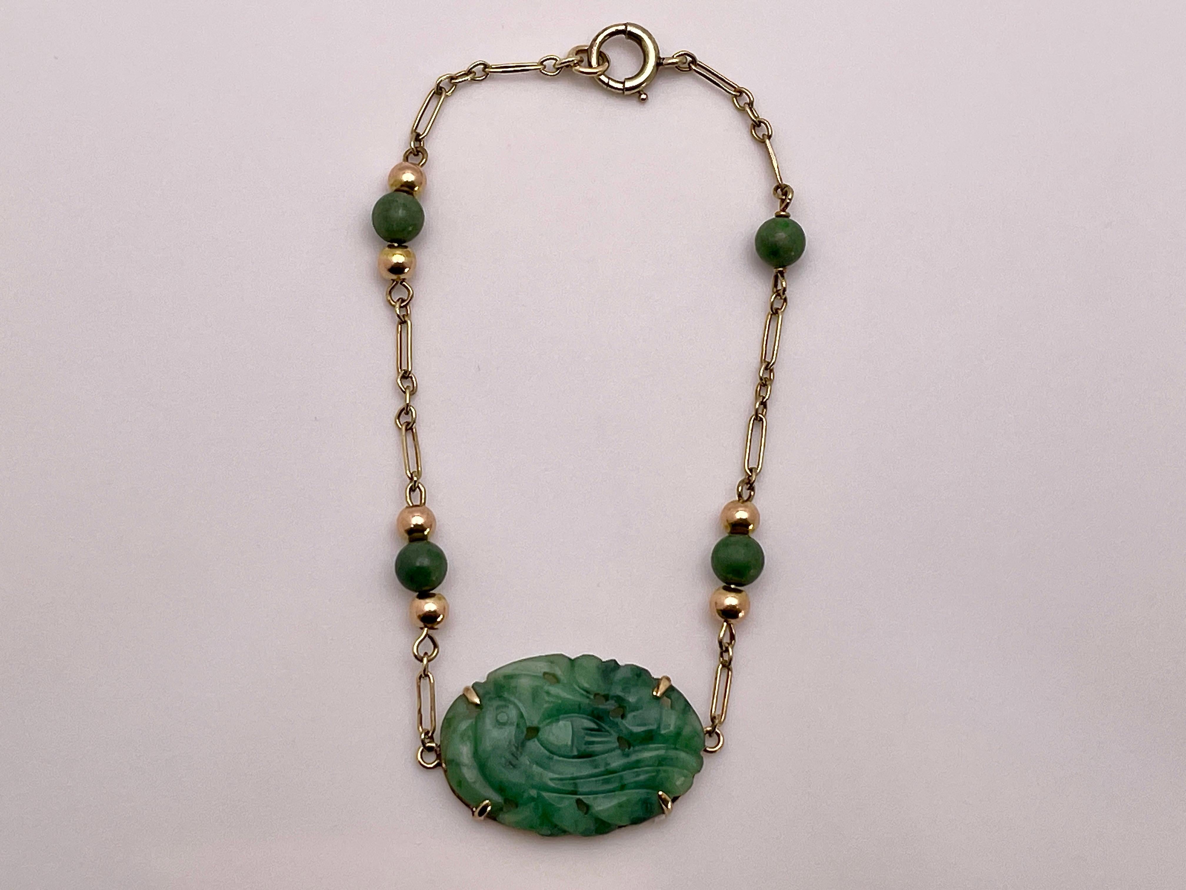 Certified Victorian 14K Yellow Gold Carved Jade Bracelet For Sale 4