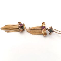 Antique 14k Yellow Gold Ruby and Emerald Drop Earrings, Fringe Design