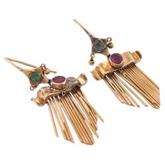 Antique 14k Yellow Gold Ruby and Emerald Drop Earrings, Fringe Design