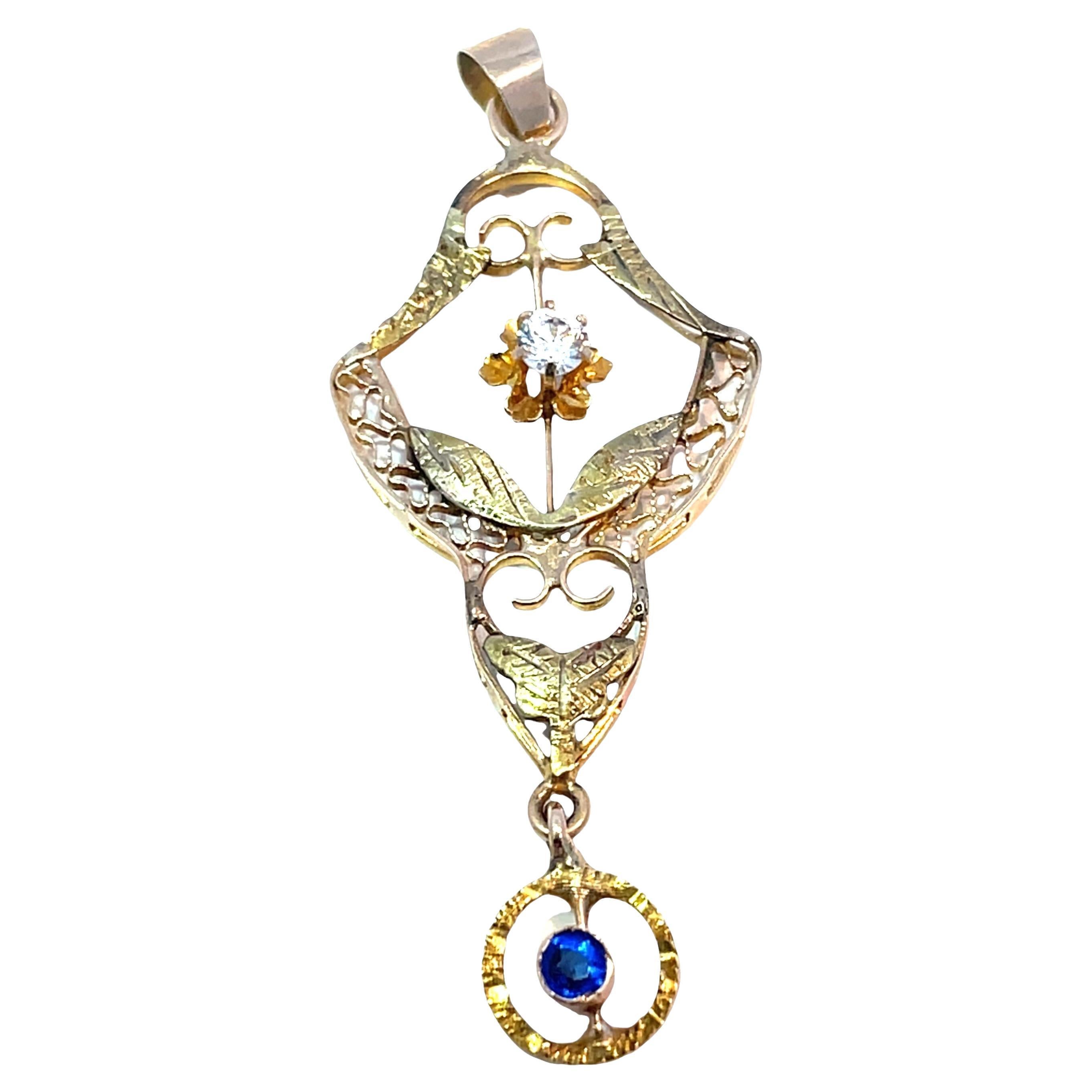 14K Yellow Gold Antique Floral Diamond Pendant with Sapphire Dangle For Sale
