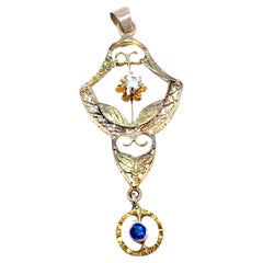 14K Yellow Gold Antique Floral Diamond Pendant with Sapphire Dangle