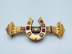 14K Yellow Gold Antique Horse Shoe Ruby & Pearl Brooch