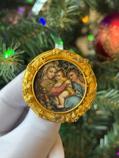 14K Yellow Gold Antique Italian Micro Mosaic Brooch of the Holy Family