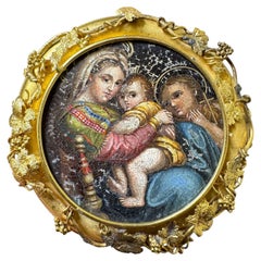 14K Yellow Gold Antique Italian Micro Mosaic Brooch of the Holy Family