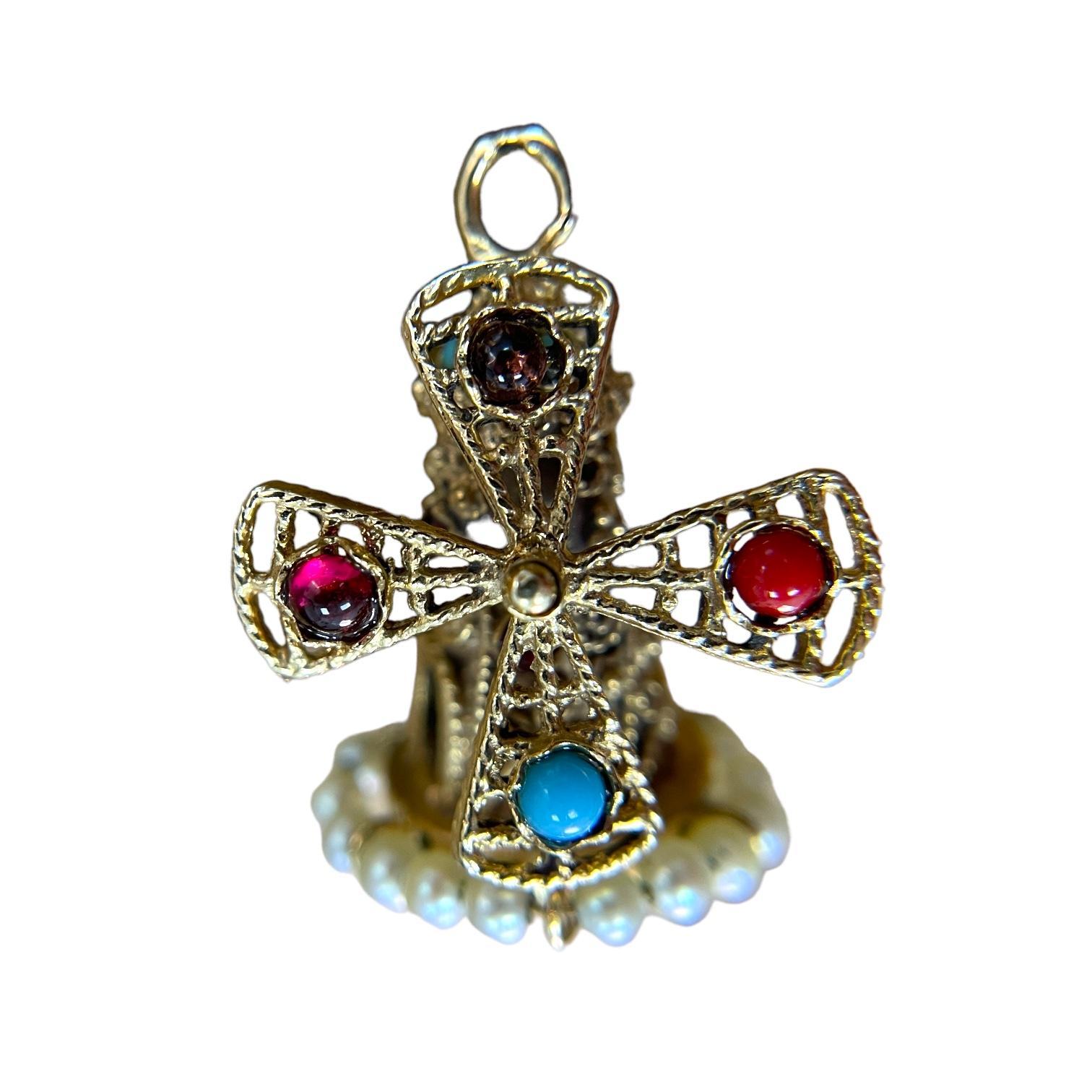 Pendentif moulin à vent en or jaune 14K Antique multi-gemmes Excellent état - En vente à New York, NY