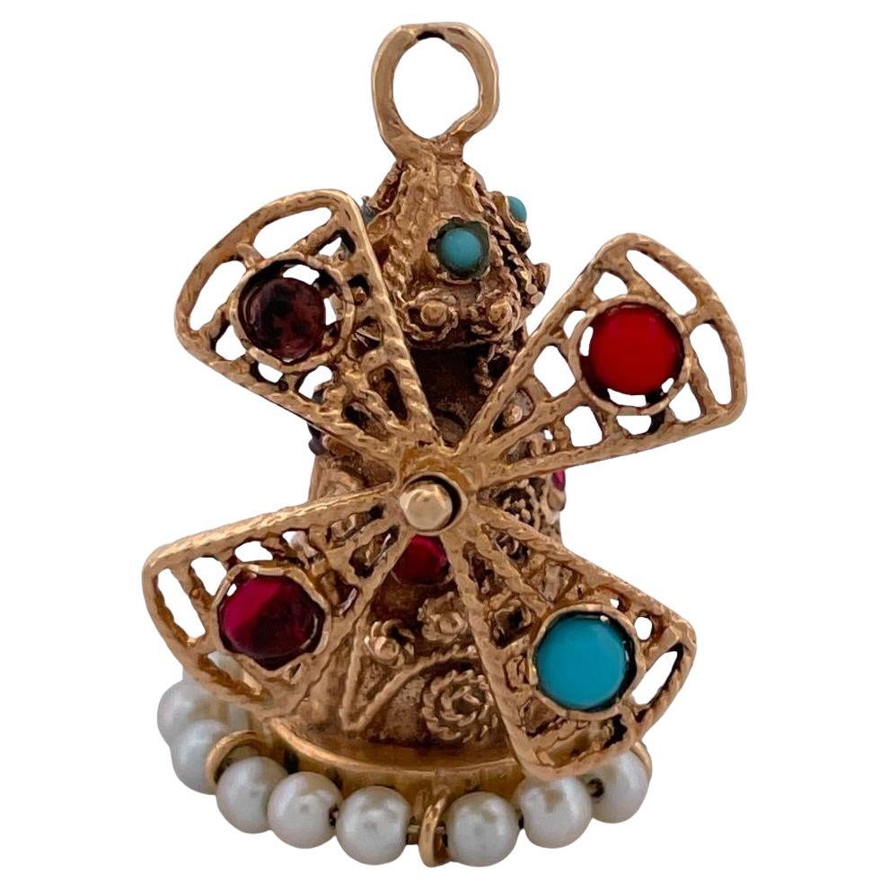 14K Yellow Gold Antique Multi gem windmill pendant