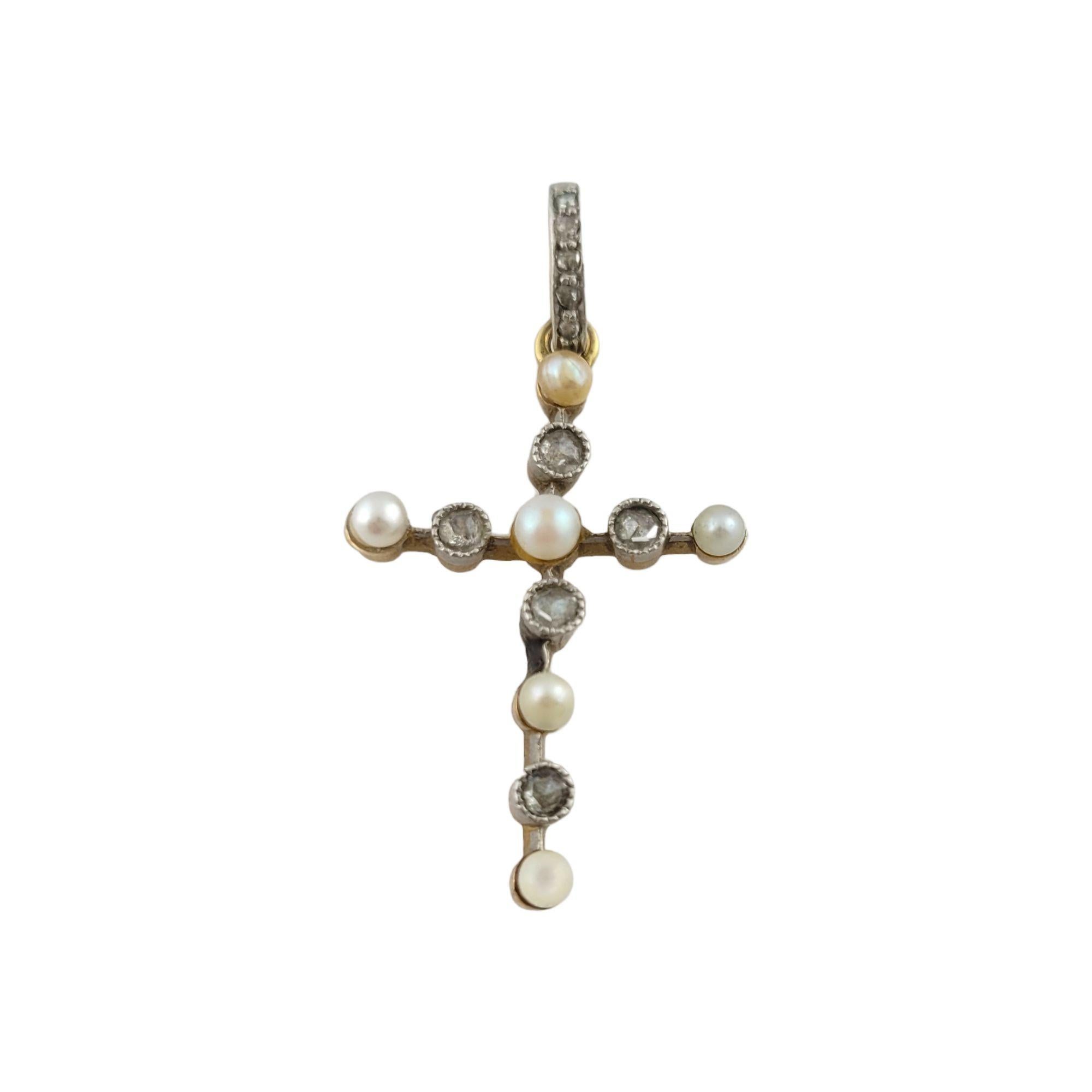 Round Cut 14K Yellow Gold Antique Pearl & Diamond Cross Pendant For Sale